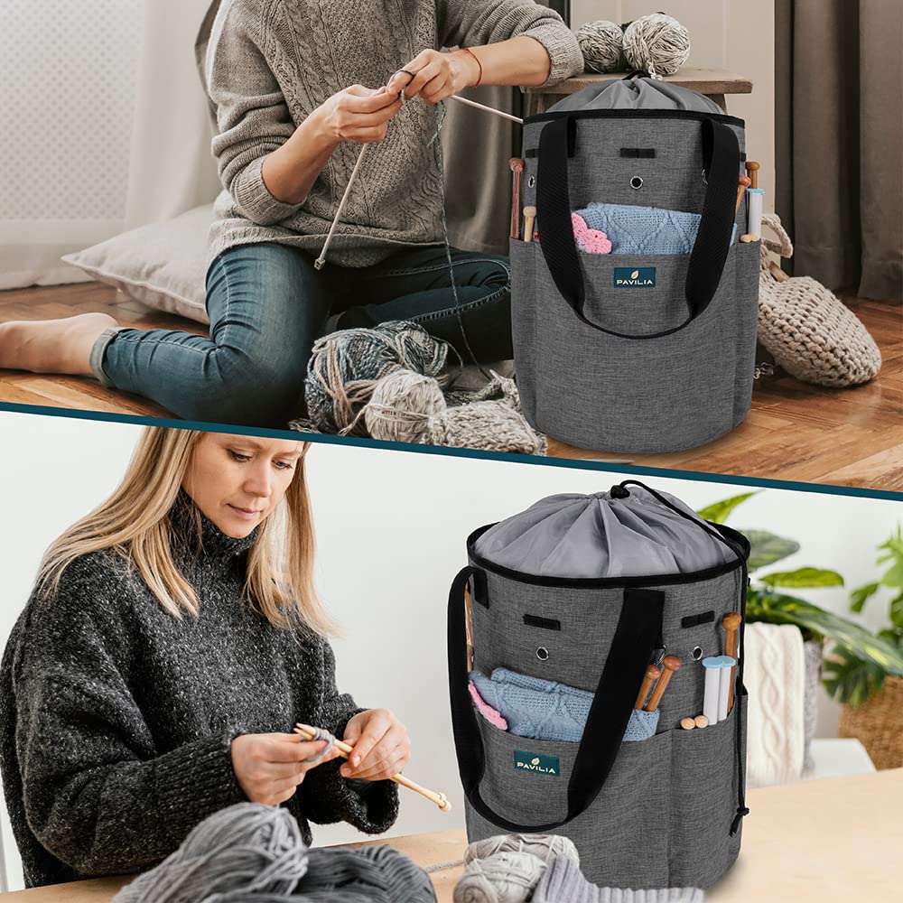PAVILIA Crochet Knitting Bag Organizer with Grommets - Portable Yarn Storage Tote for Crafters & Knitters (Charcoal Gray) - Perfect Gift for Crochet Lovers