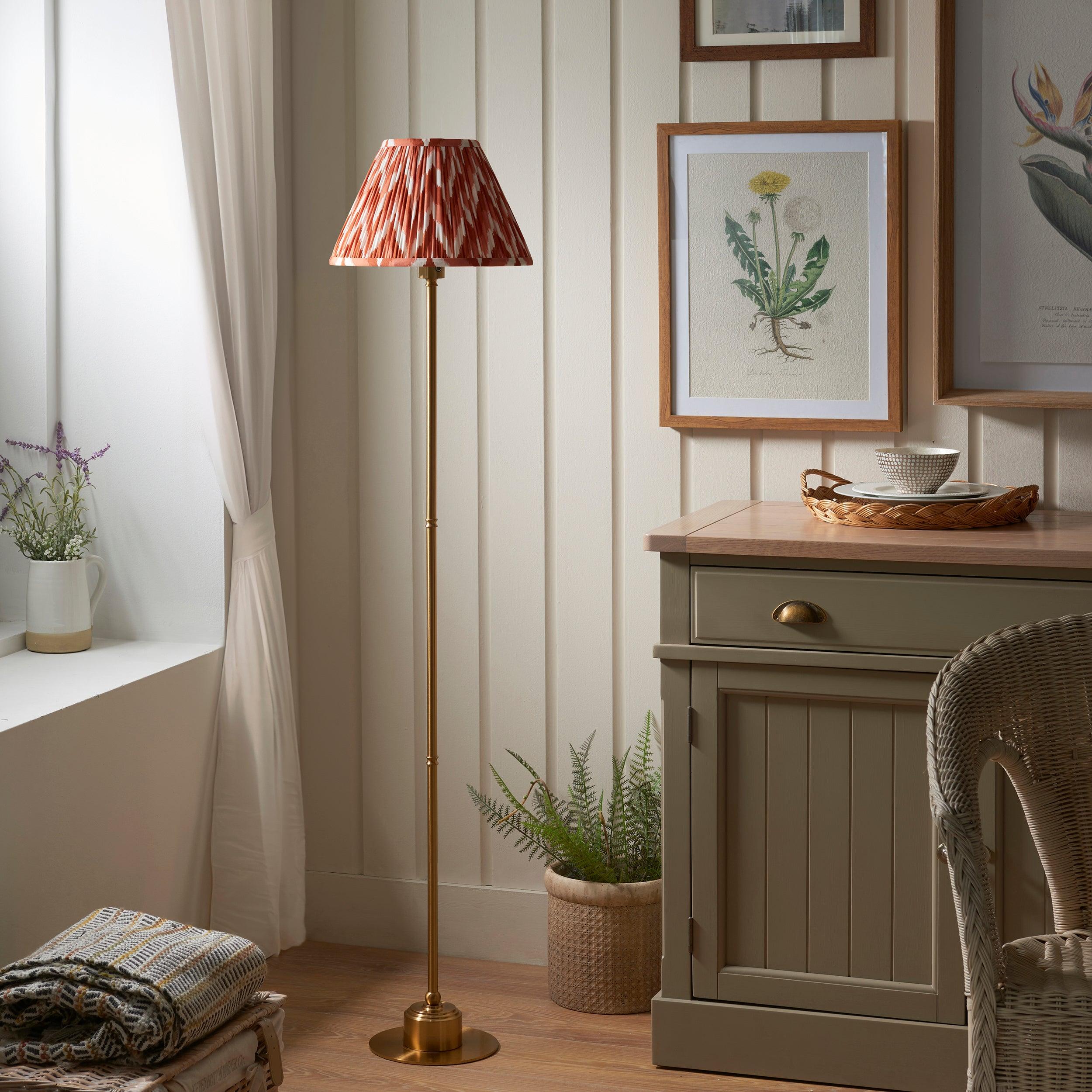 Burley Rechargeable Brass Floor Lamp with 30cm Apricot Orange Zigzag Shade - Modern Lighting for Living Room, Bedroom & Office Decor