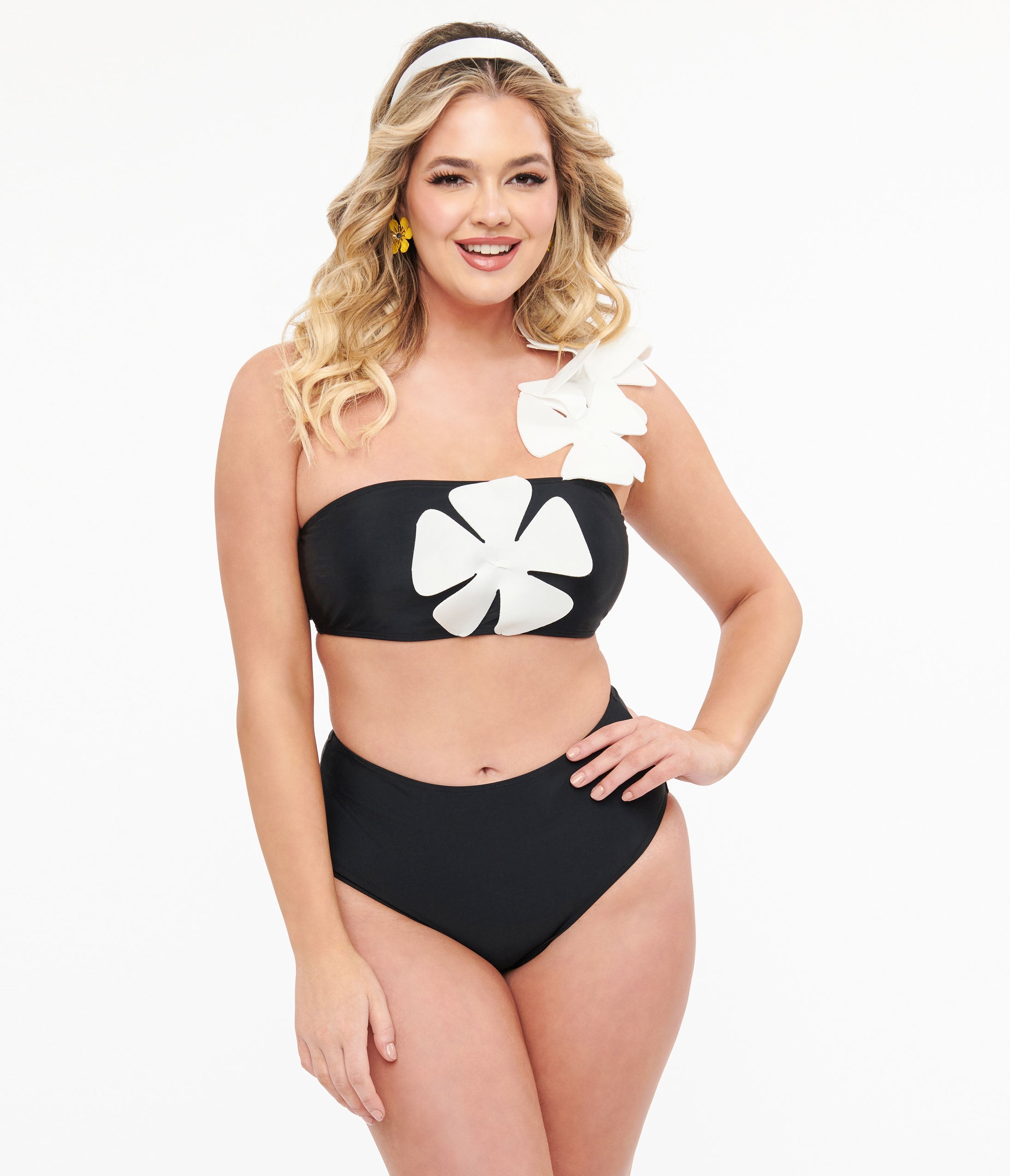 Black & White One Shoulder Floral Two Piece Swimwear Set - Sexy Bikini for Beach Vacation & Pool Party