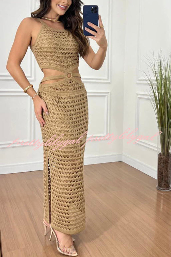 Elegant Knit Texture Ring Side Waist Cutout Stretch Maxi Dress for Women - Perfect for Date Night, Cocktail Parties & Summer Vacations