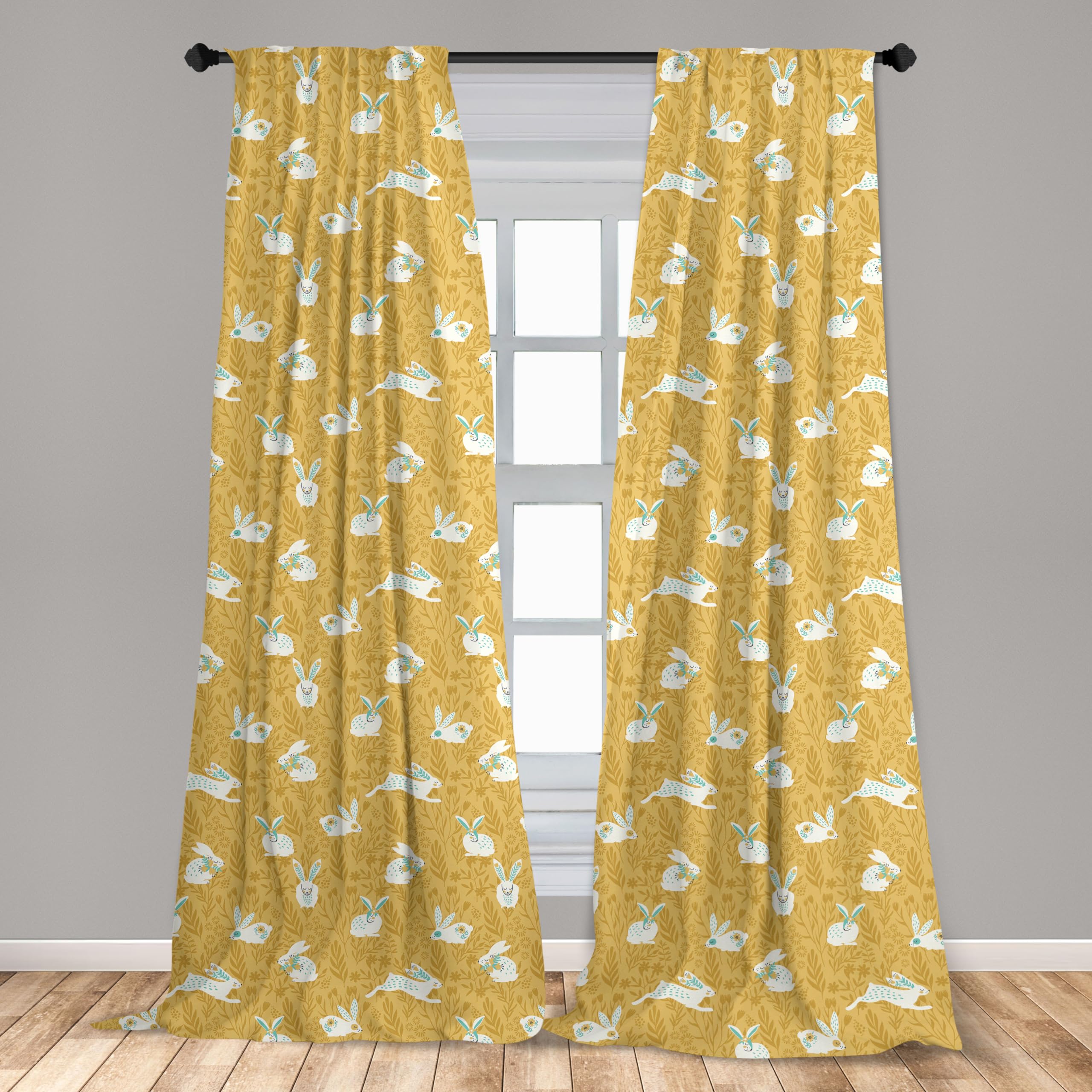 Ambesonne Bunny Curtains - Countryside Field Nature Inspired Animal & Floral Print Window Panels (Set of 2, 28x84 inches) in Mustard Seafoam White for Living Room & Bedroom Decor | Perfect for Farmhouse, Nursery & Boho Style Homes
