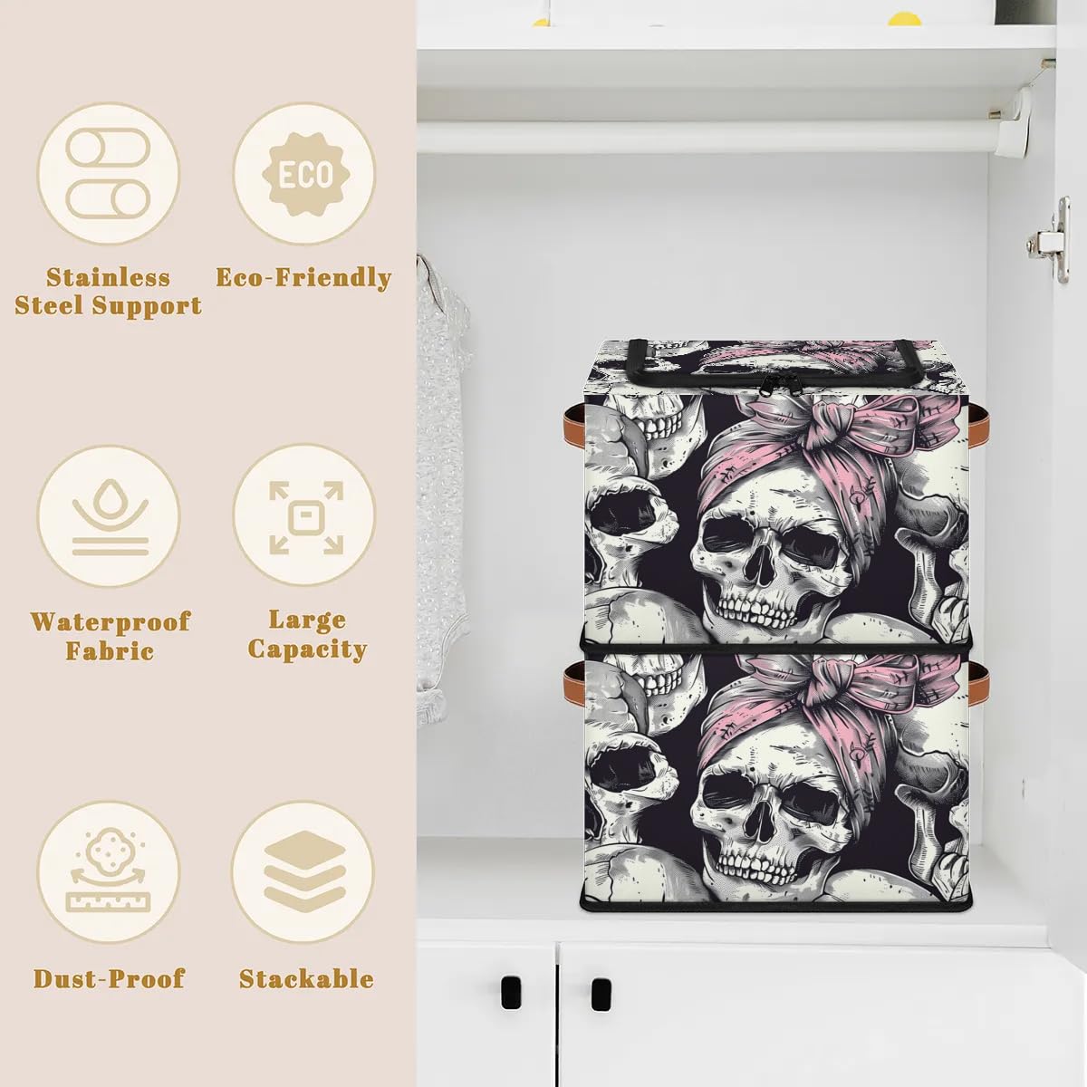 Skull Hair Band Storage Bins with Zipper Lid - 2pcs Stackable Closet Organizer Baskets with Metal Frame & PU Handles - Perfect for Clothes, Toys, and Home Organization