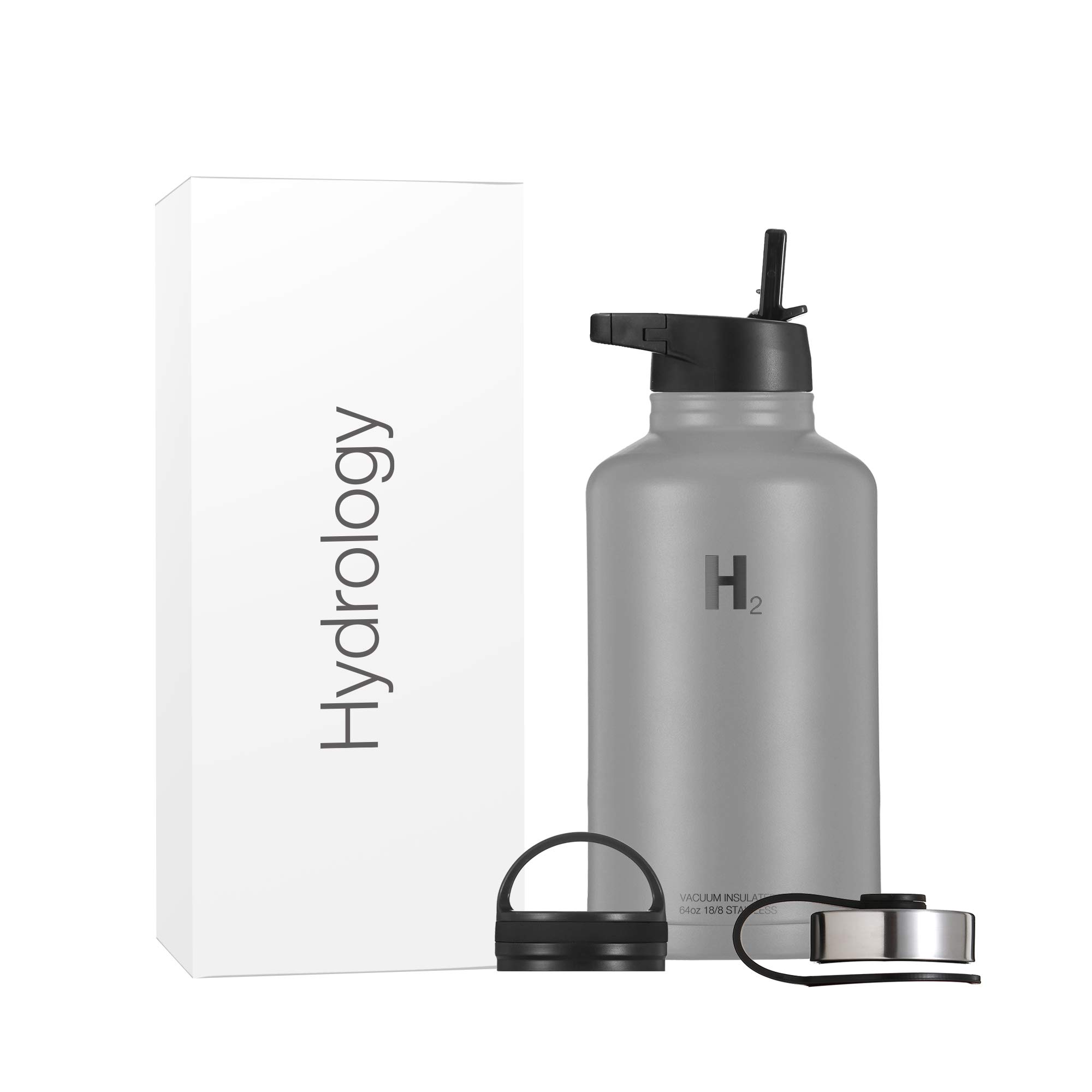 Premium H2 Hydrology Stainless Steel Water Bottle - 64oz Large Insulated Vacuum Flask with Straw & 3 Lids (Graphite) - Double Wall Metal Sports Bottle for Gym, Hiking & Outdoor Activities
