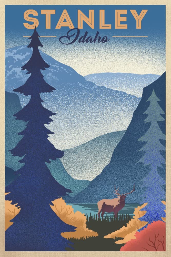 Stanley Idaho Elk and Mountain Scene Lithograph 113543 - 24x36 Signed Print Master Art Print - Wall Decor Poster for Living Room, Office & Cabin