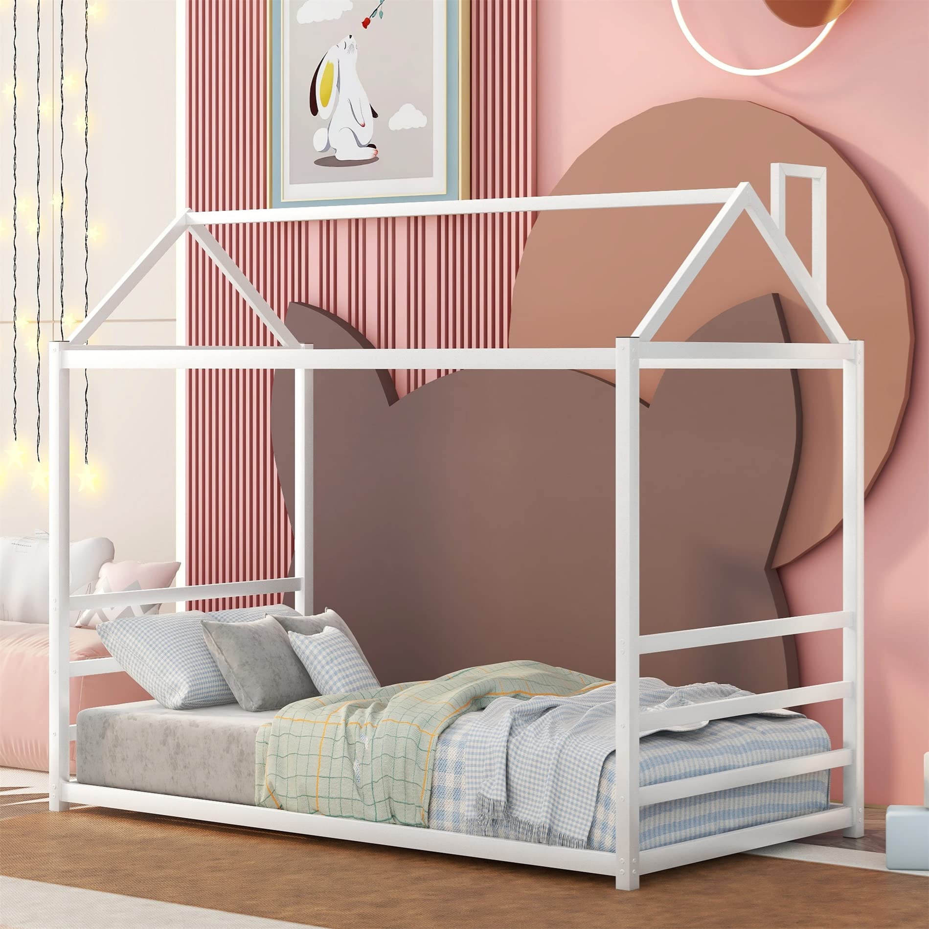 Montessori Floor Bed Frame for Kids - Twin Size Metal House Bed with Roof, White | Toddler Bed for Boys & Girls | No Box Spring Needed | Perfect for Montessori Bedrooms, Playrooms & Kids' Sleep Space