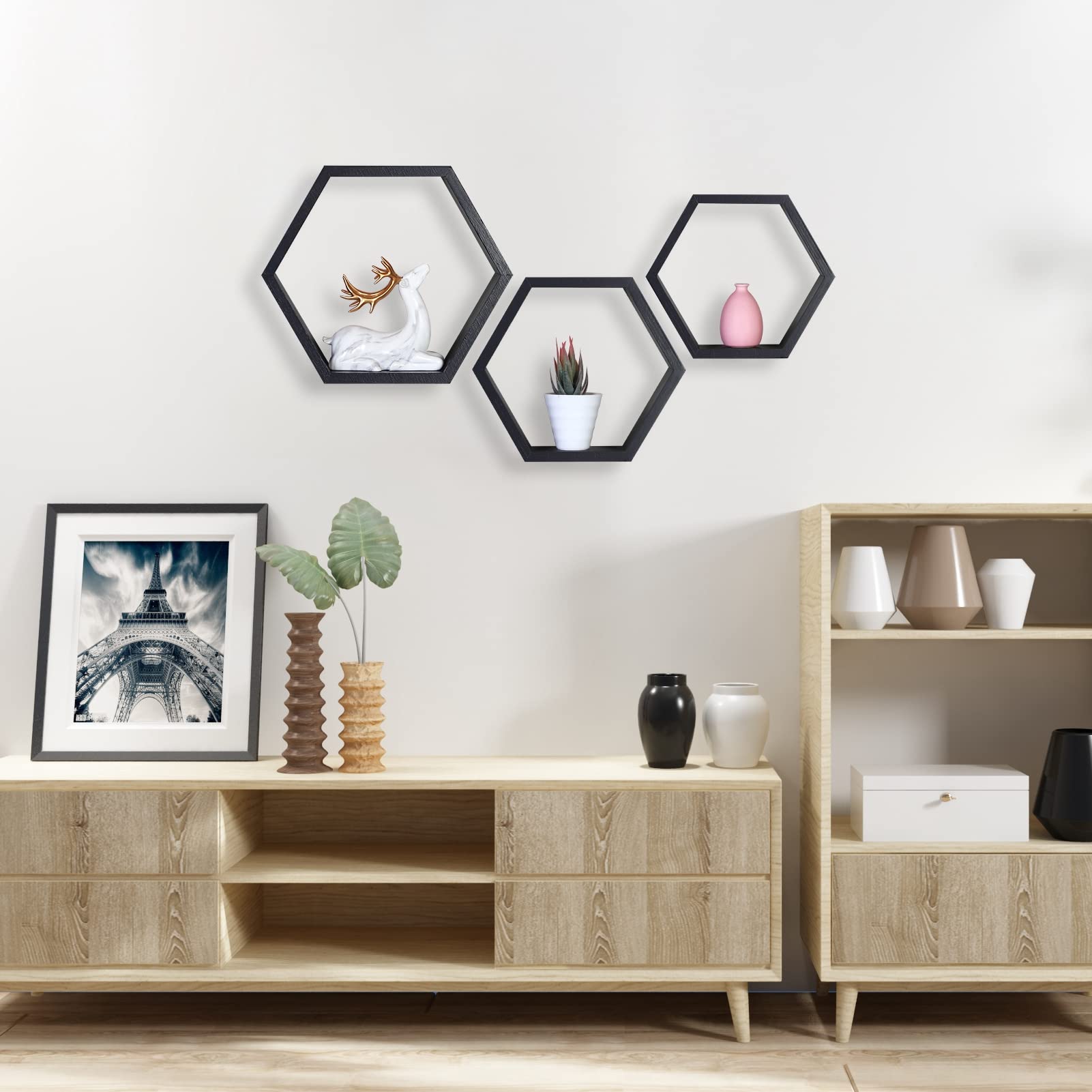 PHOENANCEE Hexagon Floating Shelves Set of 3 - Honeycomb Wall Shelves for Bathroom, Kitchen, Bedroom & Living Room | Farmhouse Style Wooden Wall Storage Shelves | Perfect for Home Decor, Organizing Essentials & Displaying Decorations