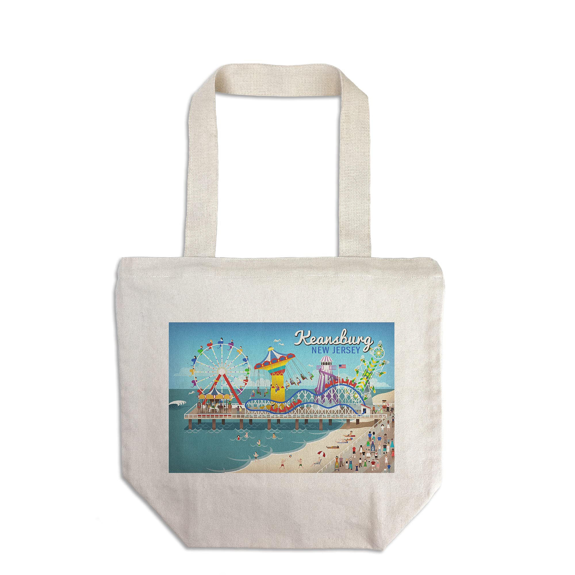 Lantern Press Keansburg New Jersey Retro Beach Boardwalk Tote Bag - 100% Cotton Canvas Reusable Shopping Bag for Groceries, Beach Trips & Daily Use