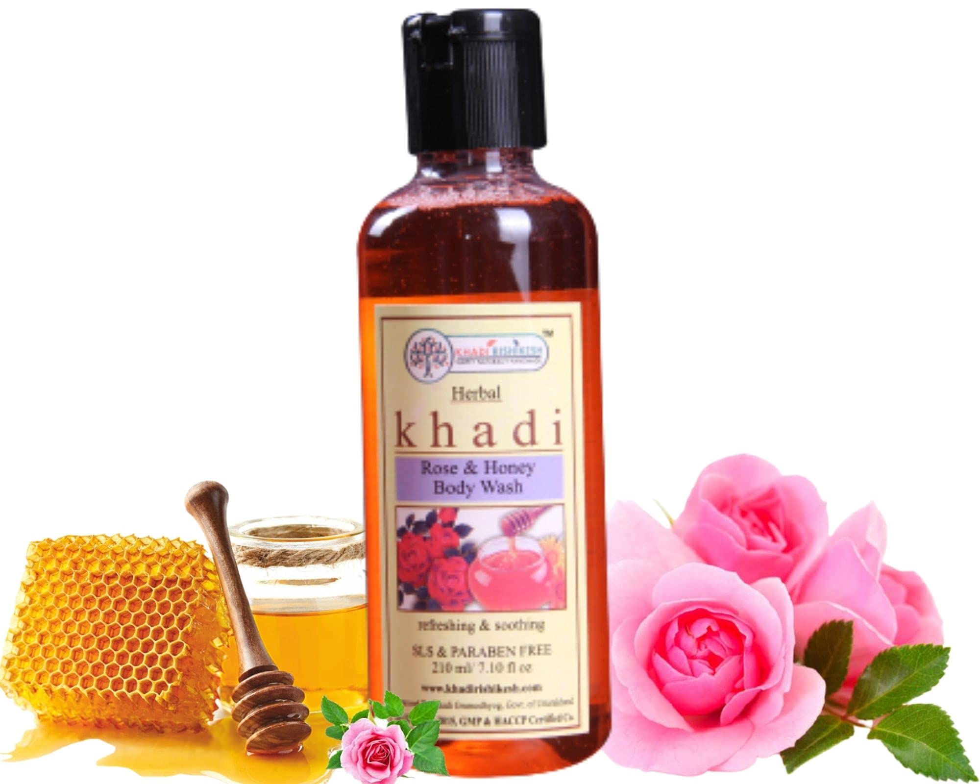 KHADI RISHIKES Herbal Rose Honey Cleanser - SLS & Paraben Free Body Wash with Bathing Loofa | 210ml for Men & Women | Deep Cleansing Shower Gel with Natural Rose Extract | Perfect for Daily Skincare & Relaxing Bath Time