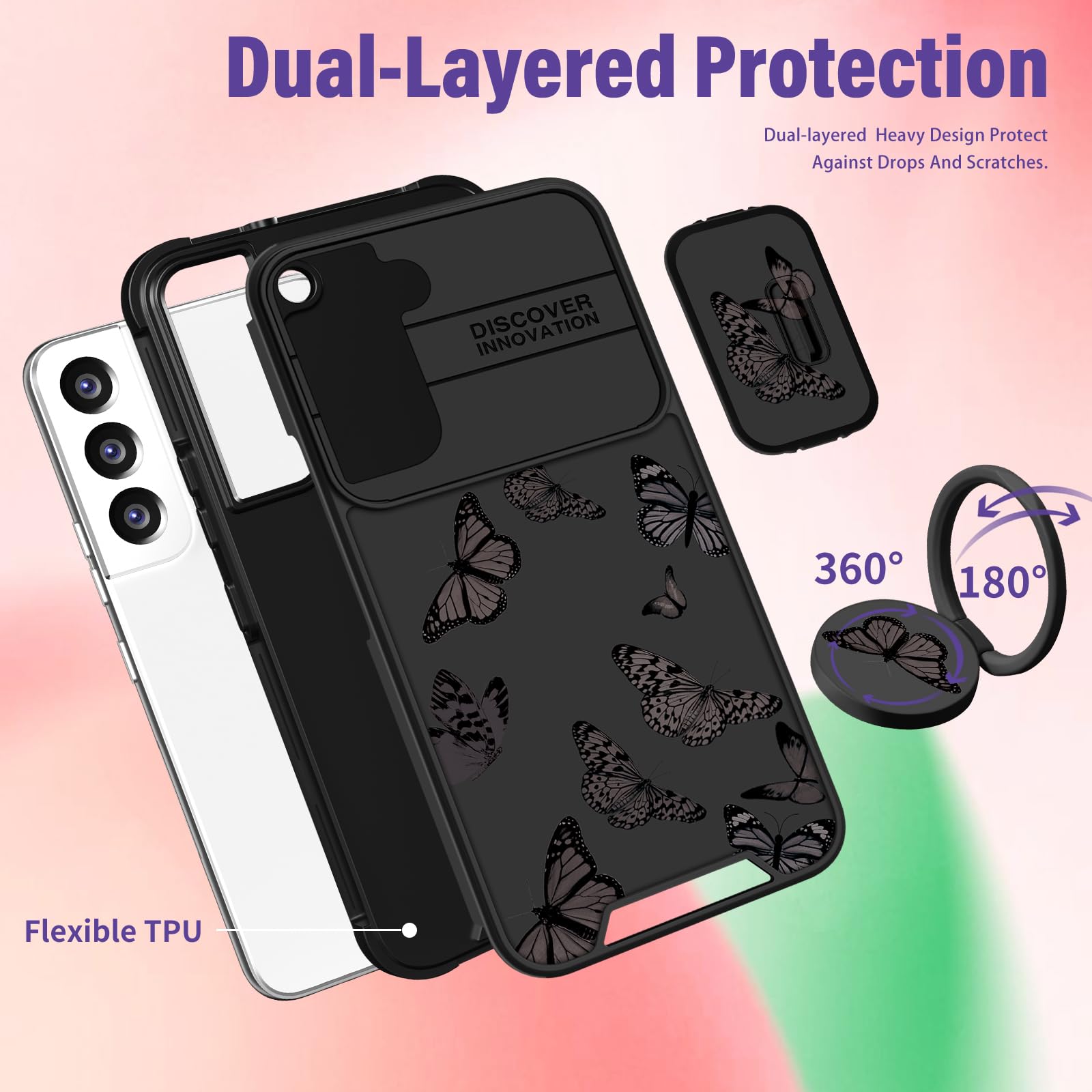 2 in 1 Cute Butterfly Design Samsung Galaxy S22 Case for Women - Aesthetic Black Phone Cover with Camera Protector & Ring Stand | Perfect for Work, Travel and Everyday Use