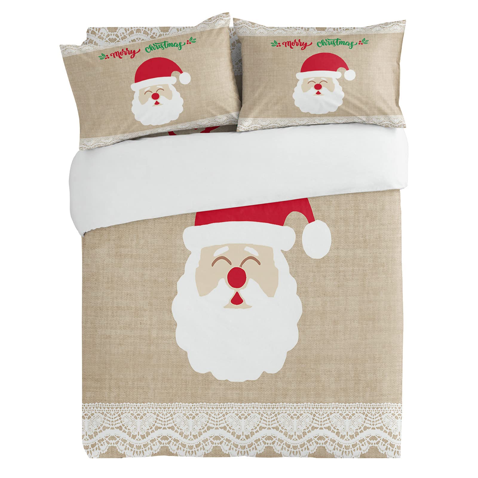 3PCS Luxury Santa Claus Duvet Cover Set - Soft Winter Comforter Cover with Hidden Zipper, Pillow Shams & White Lace Trim - Twin Size Vintage Linen Bedding for Christmas Decor & Cozy Holiday Nights