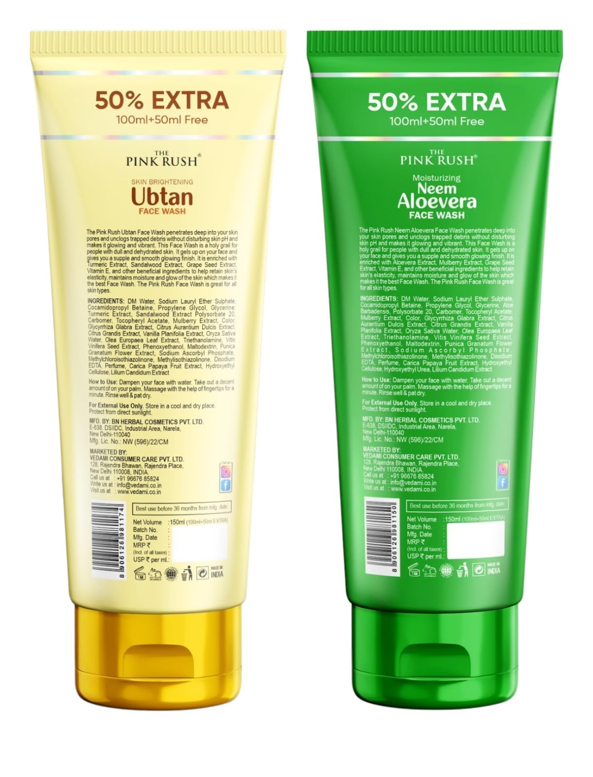 Pink Rush Ubtan & Neem Aloe Vera Face Wash Combo - 100ml Each for Men & Women | Deep Cleansing, Acne Control & Glowing Skin | Perfect for Daily Skincare & Travel