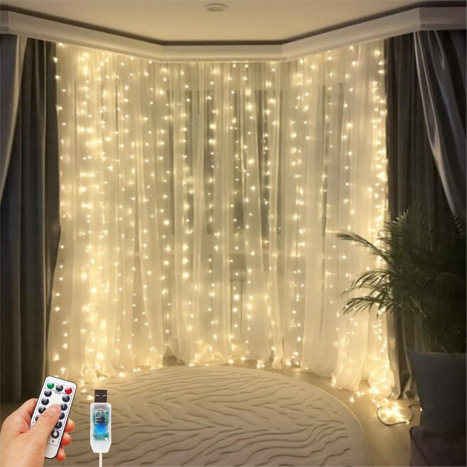300 LED Fairy Curtain Lights - 9.8 x 9.8FT Warm White USB String Lights with Remote Control (8 Lighting Modes) for Christmas Decorations, Bedroom, Wedding, Party & Outdoor Use - Indoor/Outdoor Waterproof Hanging Lights for Home, Garden, Patio and Special Events