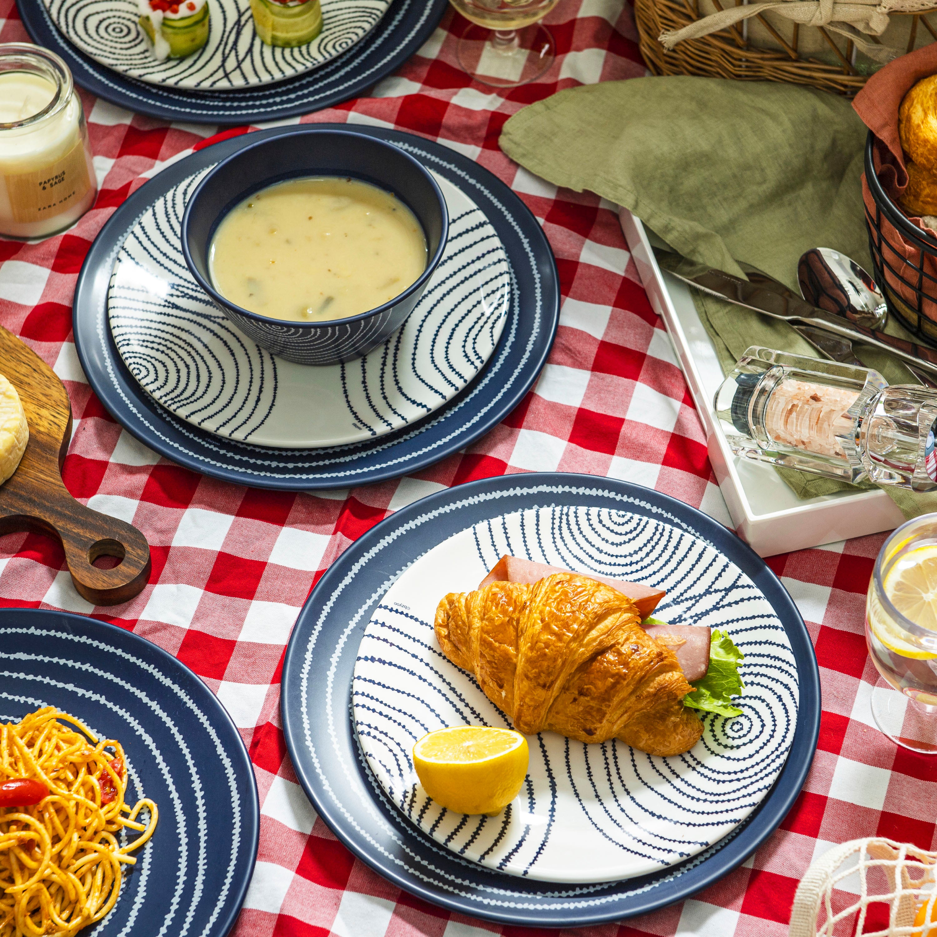 12-Piece Planet Melamine Dinnerware Set - French Navy Blue Plates & Bowls for Outdoor Picnics, Camping, and Durable Everyday Use