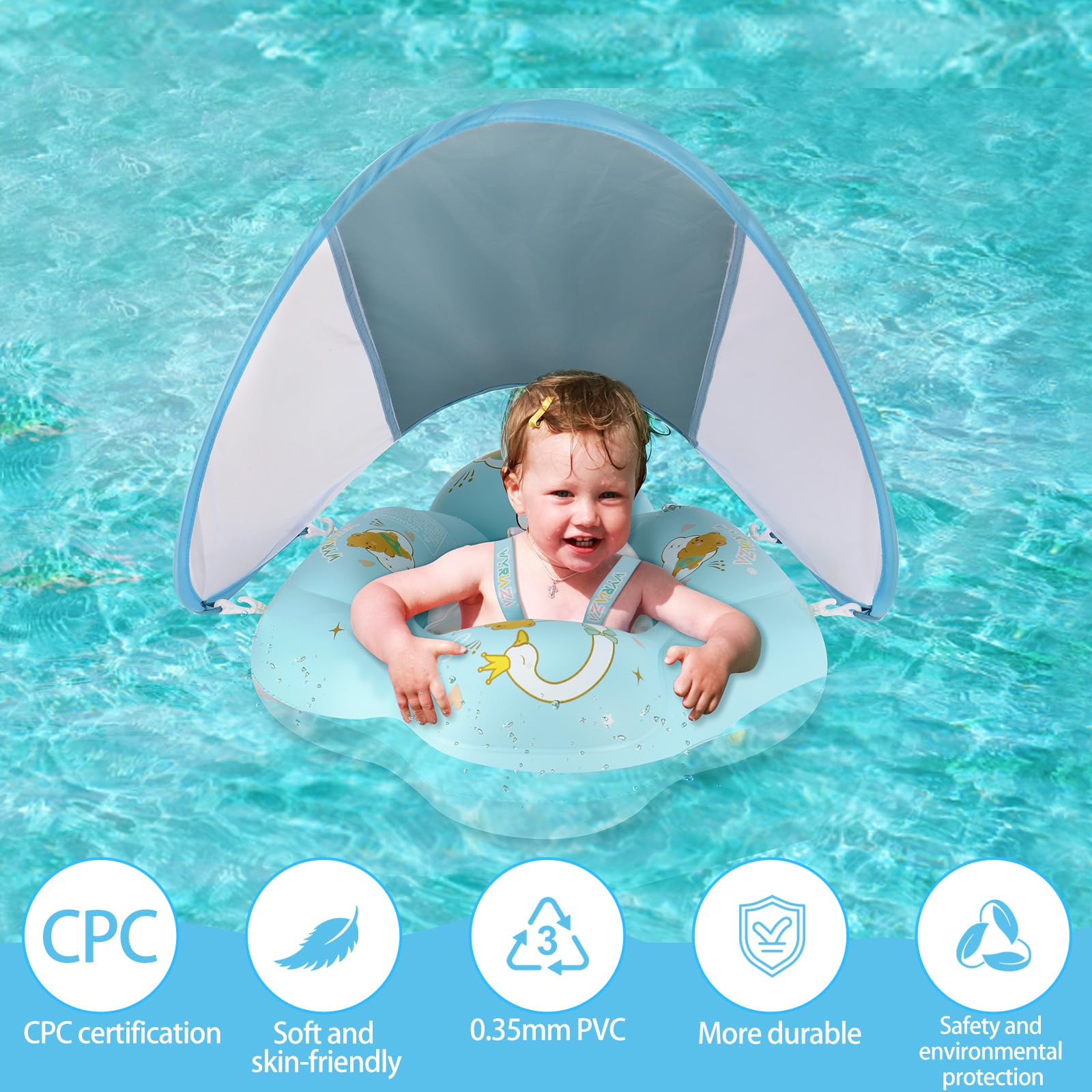 **UPF50+ Sun Protection Baby Pool Float with Canopy - Inflatable Infant Swimming Float for Newborns & Toddlers 6-36 Months - Includes Balance Ball for Stability - Perfect for Beach, Pool & Summer Water Play**