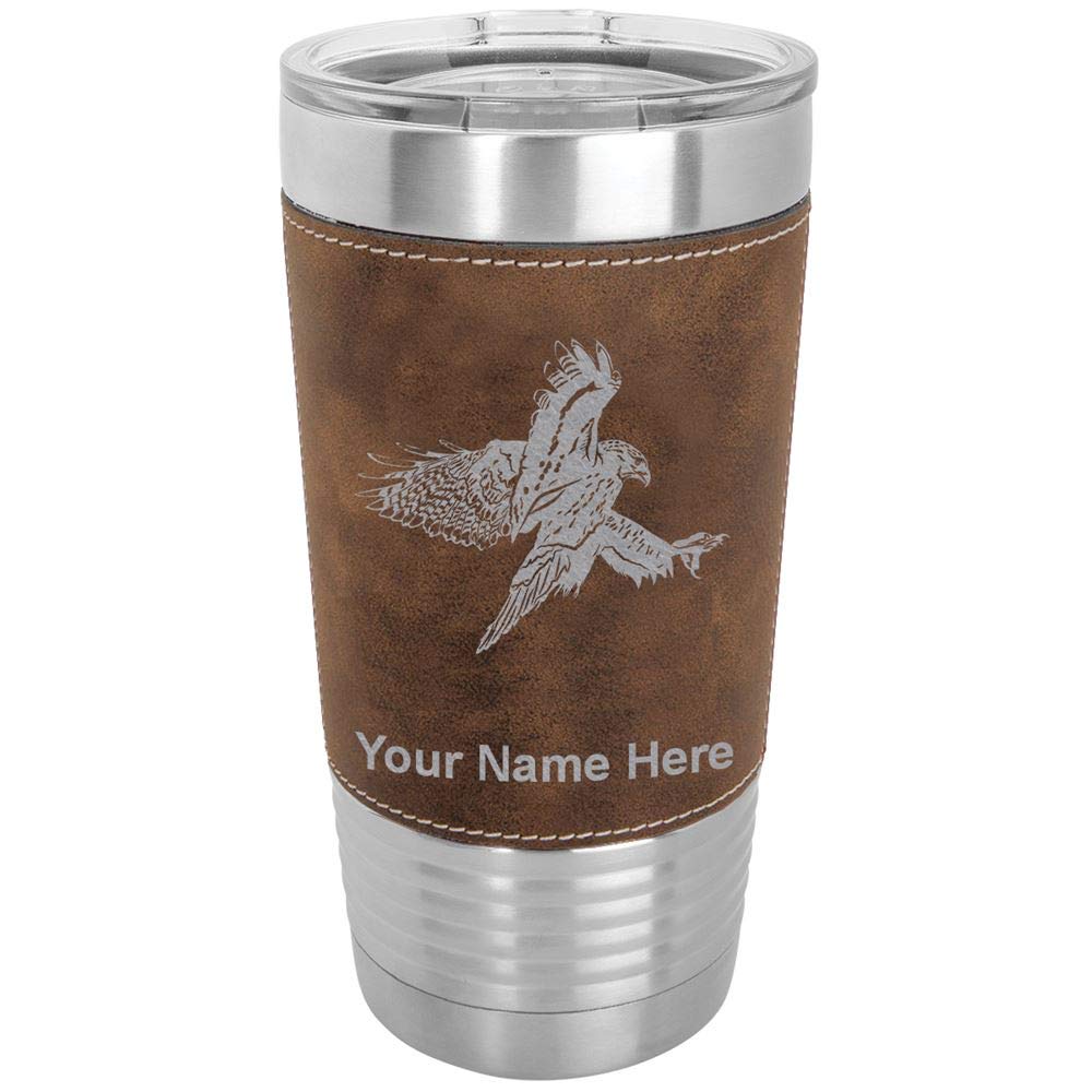 LaserGram 20oz Vacuum Insulated Stainless Steel Tumbler Mug with Personalized Engraving - Hawk Design, Faux Leather & Rustic Finish - Perfect for Coffee, Tea & Cold Drinks at Home, Office or Travel