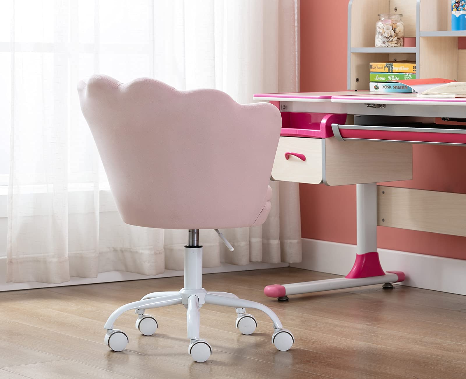 Velvet Swivel Accent Chair for Kids - Adjustable Study Desk Chair with Seashell Back, Pink Upholstered Vanity Chair for Teens' Bedroom, Living Room & Homework Station - Perfect for Computer Work, Reading & Study Sessions
