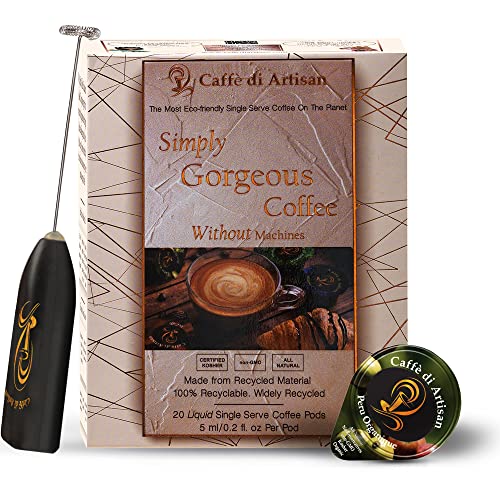 Artisan Single Serve Organic Coffee Pods - Peru Organique Medium Roast | 100% Biodegradable & Recyclable | Machine-Free, All Natural, Preservative-Free (20 Capsules) | Perfect for Home, Office & Travel | Free Frother with First Order