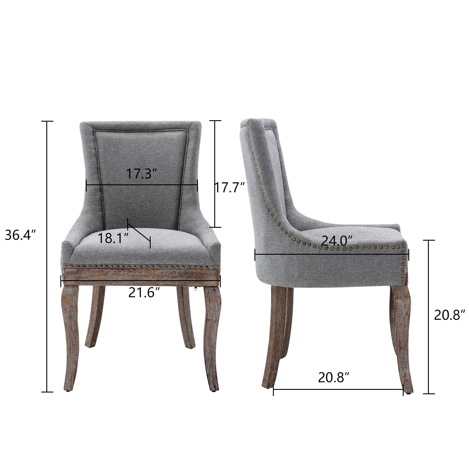 GNIXUU Set of 2 Solid Wood Fabric Upholstered Dining Chairs - Soft Comfortable Thick Padded Kitchen & Room Chairs - Industrial Rustic Wingback Accent Chairs with Nailhead Trim (Grey) - Perfect for Dining Room, Kitchen, Breakfast Nook & Home Decor