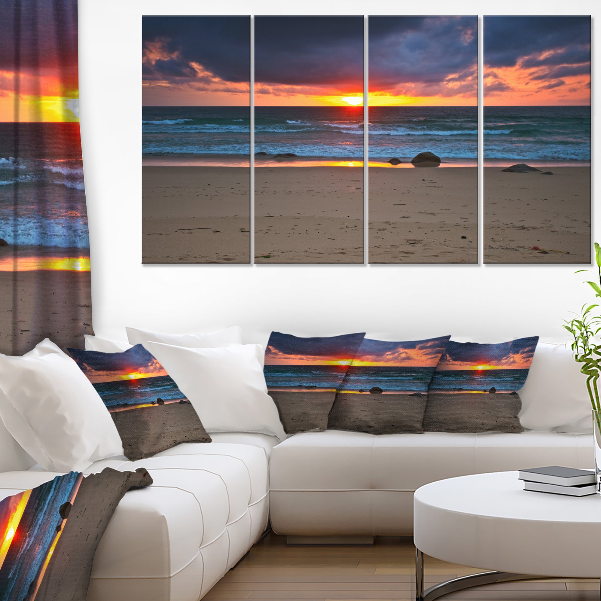 Designart Dramatic Colorful Sunset Sky Over Beach - Large Seashore Canvas Wall Art Print for Living Room, Bedroom & Office Decor