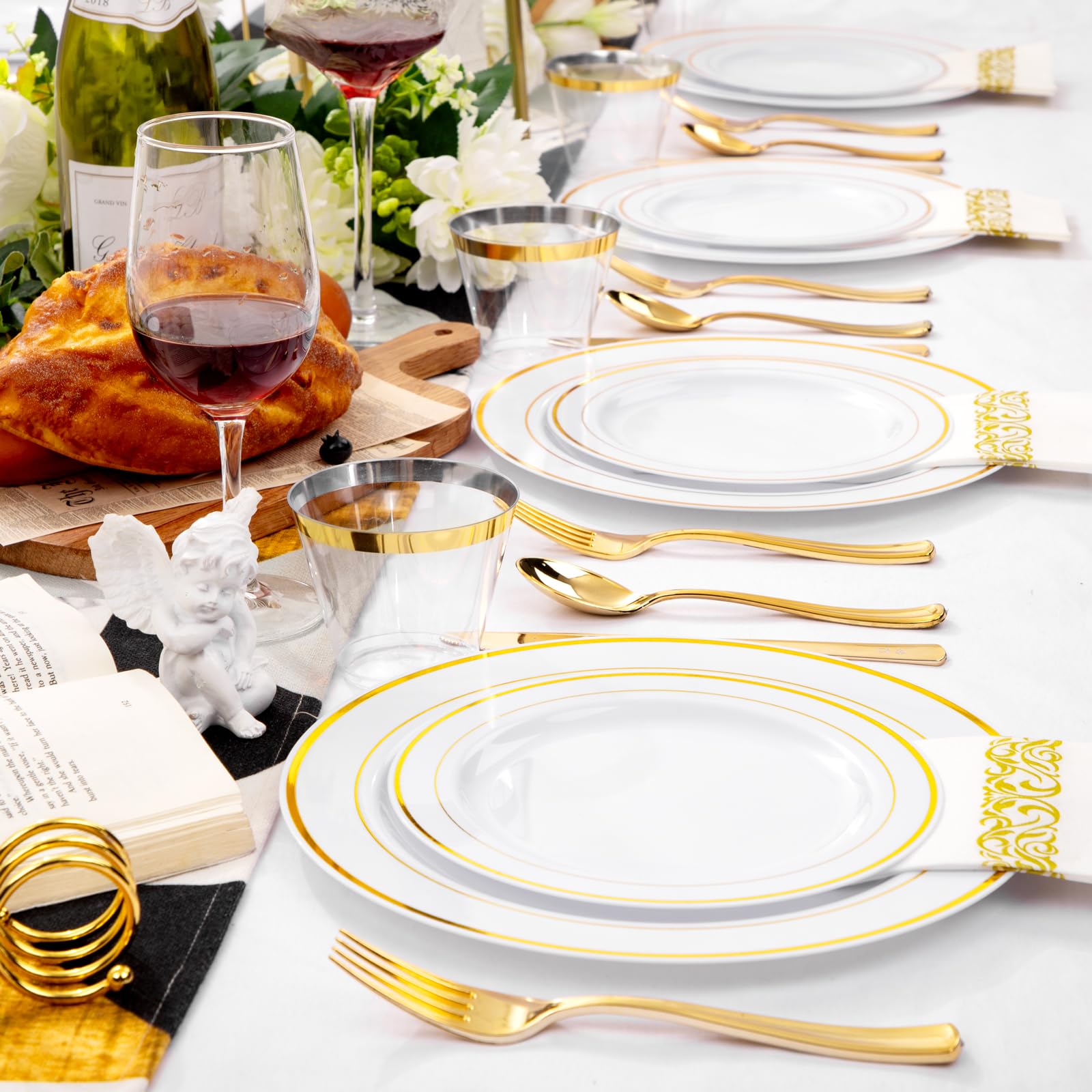 350-Piece Gold Plastic Dinnerware Set for 50 Guests - Disposable Plates, Forks, Knives, Spoons, Cups & Napkins - Elegant Party Tableware for Weddings, Birthdays & Events