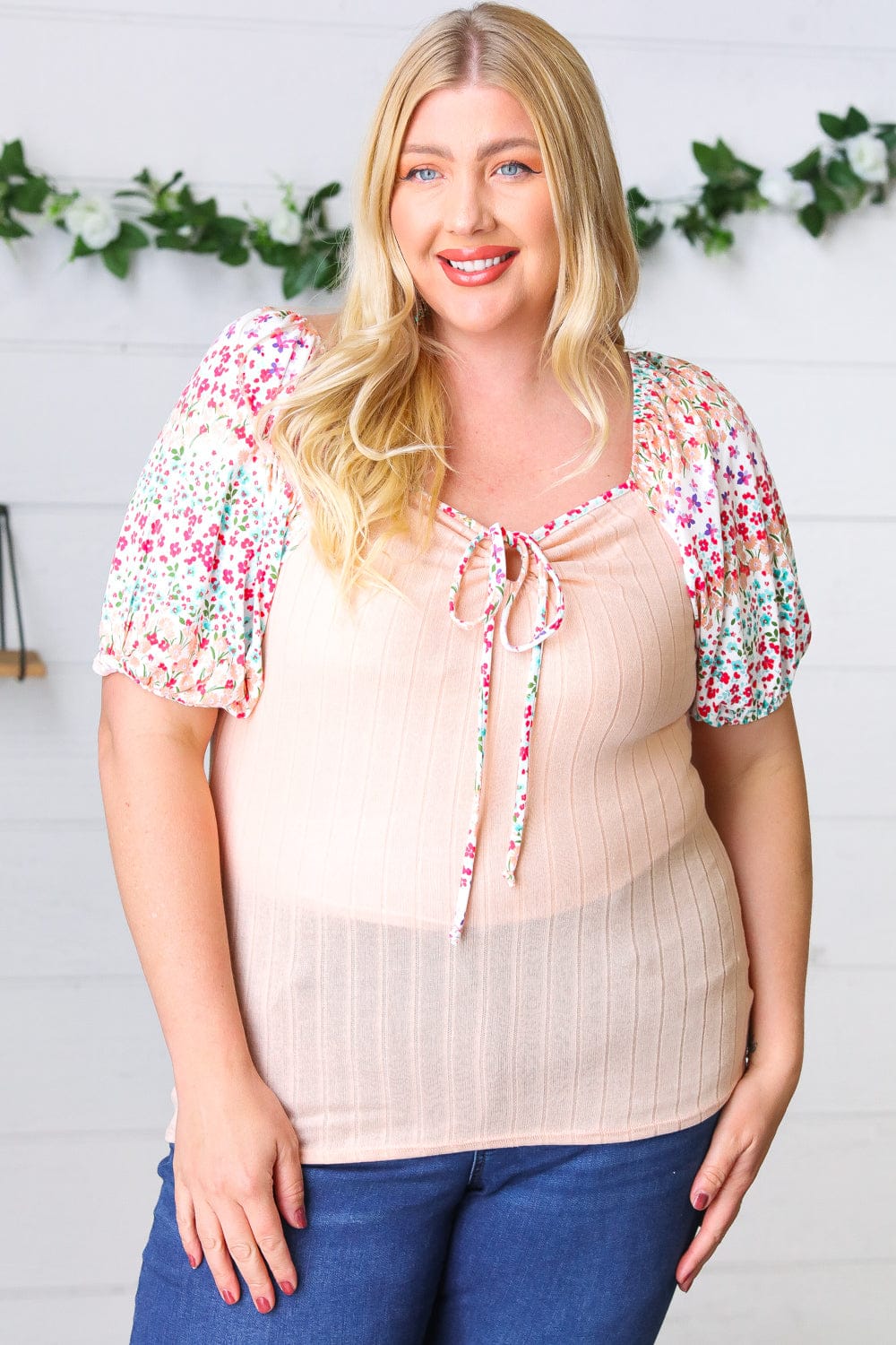 Peach & Floral Tie Neck Bubble Sleeve Blouse - Elegant Women's Fashion Top for Spring Summer Outfits, Date Night & Office Wear