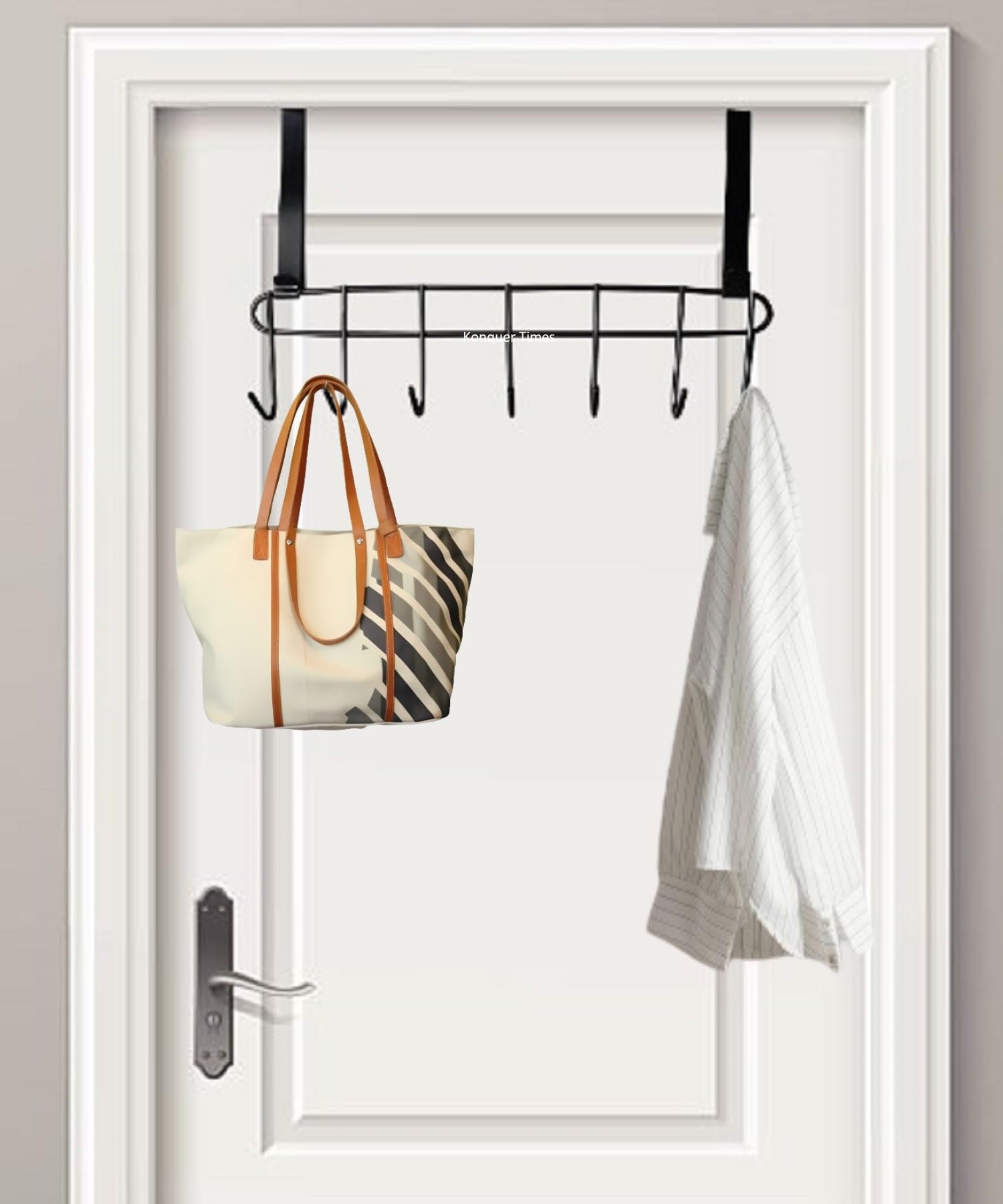 Konquer TimeS Heavy Duty Stainless Steel Over The Door Hook Hanger Organizer - Wall Mounted Hook Rack for Closet, Bathroom & Kitchen Organization - No Drilling Required (Black)
