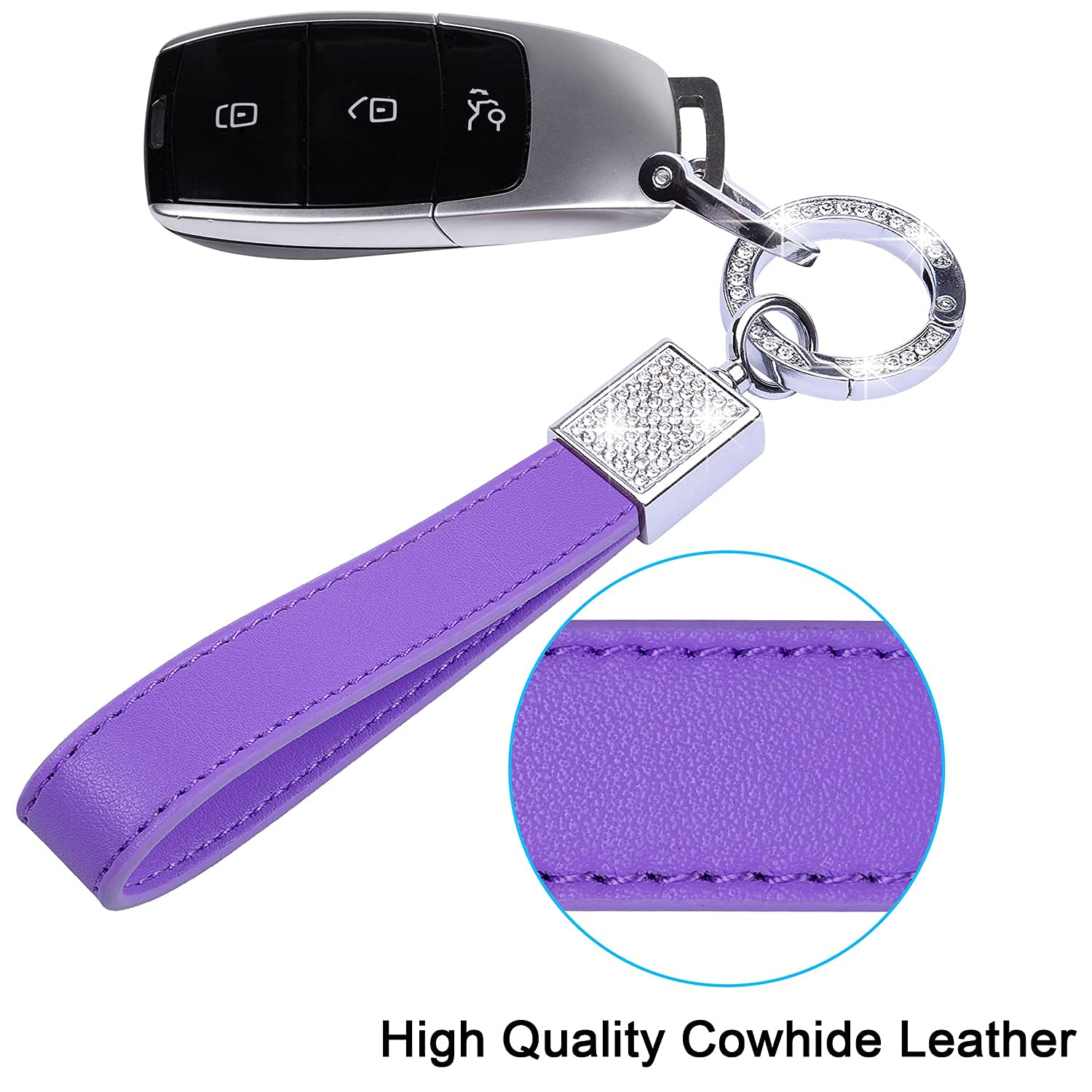 Wisdompro Bling Leather Car Keychain for Women - Genuine Leather Key FOB with Anti-Lost D-Ring & 2 Keyrings - Universal Key Holder for Car Keys (Purple) - Perfect Gift for Her, Birthday, Anniversary & Everyday Use