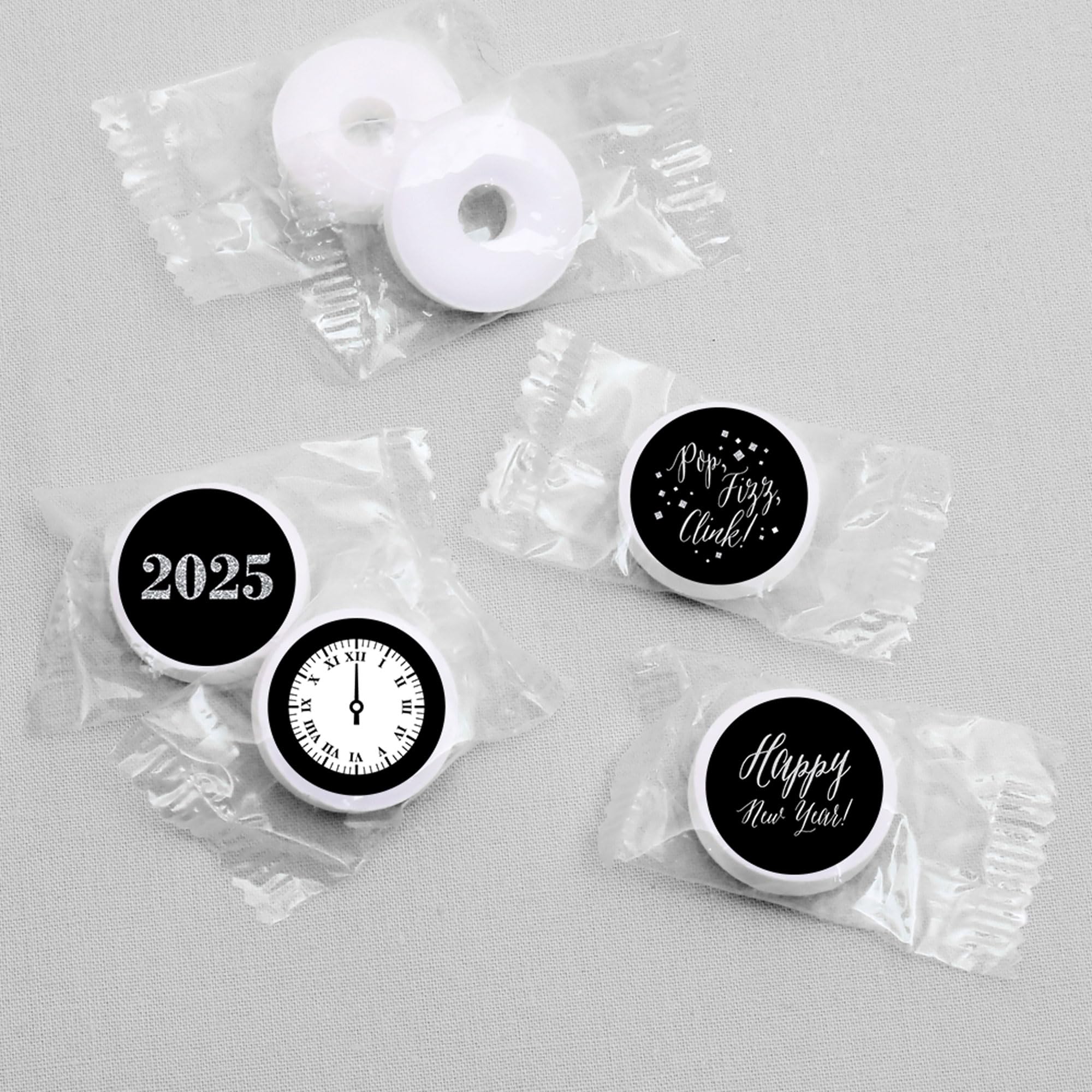 2025 New Year's Eve Party Silver Round Candy Stickers - Big Dot of Happiness Chocolate Candy Labels (1 Sheet of 108) - Perfect for NYE Party Favors, Countdown Events & Holiday Celebrations