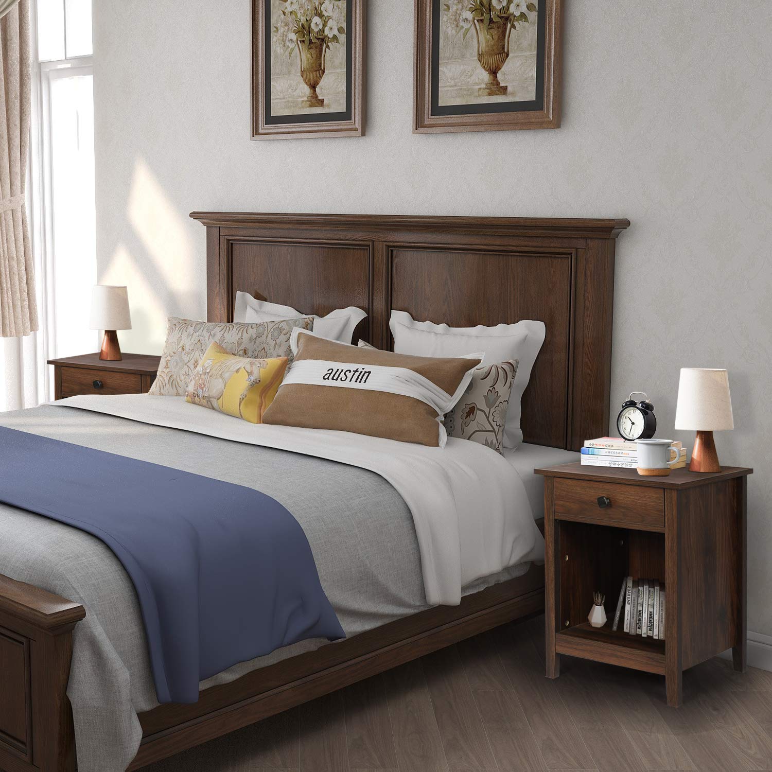 GBU Bedroom Nightstands - Set of 2 Wooden Night Stands with Drawer, Large Storage End Tables for Bedroom (18.11