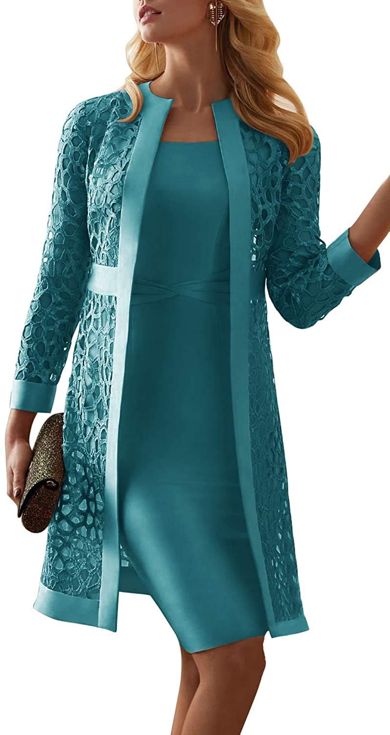Solandia 2-Piece Long Sleeve Mother of the Bride Dress Set with Jacket - Tea Length Formal Evening Gown for Weddings, Parties & Special Occasions
