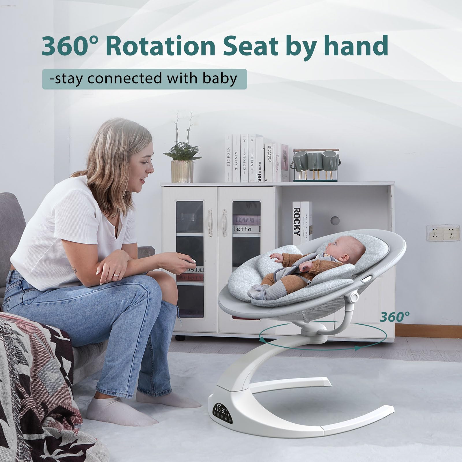 Obee Odee Baby Swing for Infants - 5 Speed Adjustable, 12 Soothing Lullabies, 360° Rotating Seat - Portable Infant Swing with Adapter & Battery Power (White Hoop Design) - Perfect for Nursery, Living Room & Outdoor Use