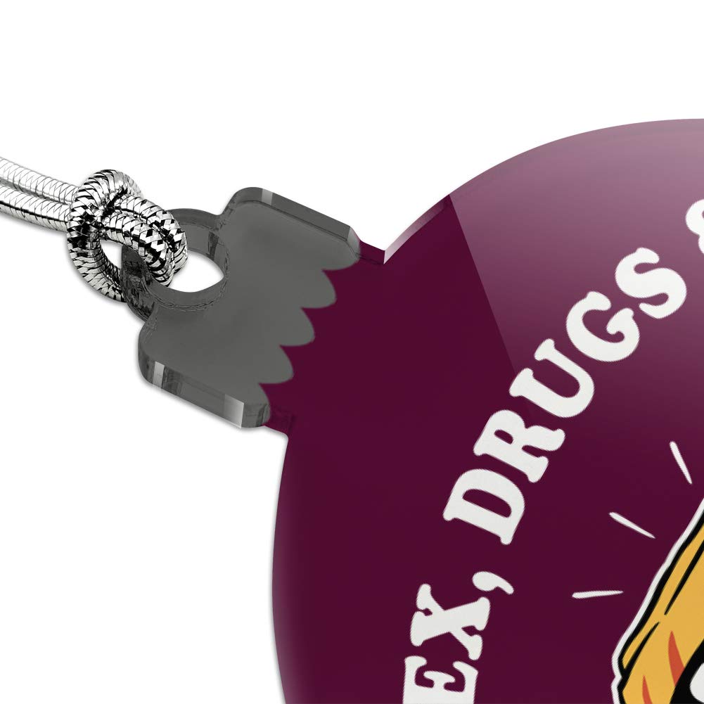 Funny Humor Acrylic Christmas Tree Ornament - Sex Drugs and Sausage Rolls Graphic Design - Perfect for Holiday Decorations & Gift Giving