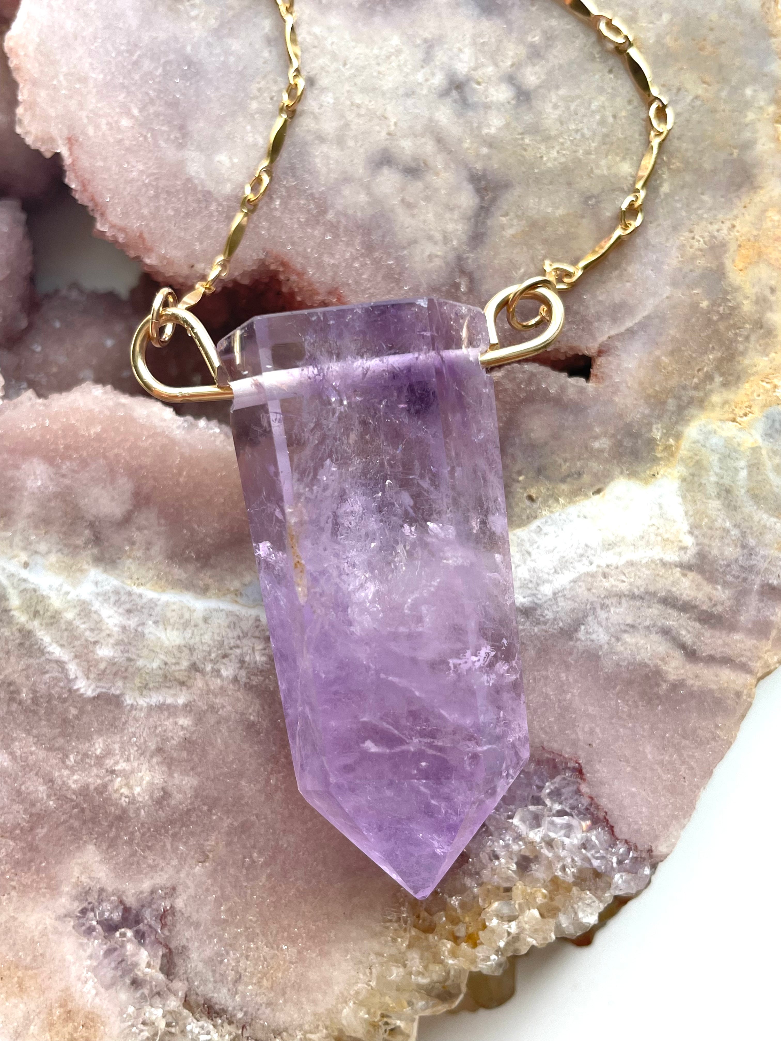 Extra Large Chunky Amethyst Crystal Tower Necklace - 14kt Gold Filled Healing Stone Jewelry for Meditation, Yoga & Spiritual Gifts