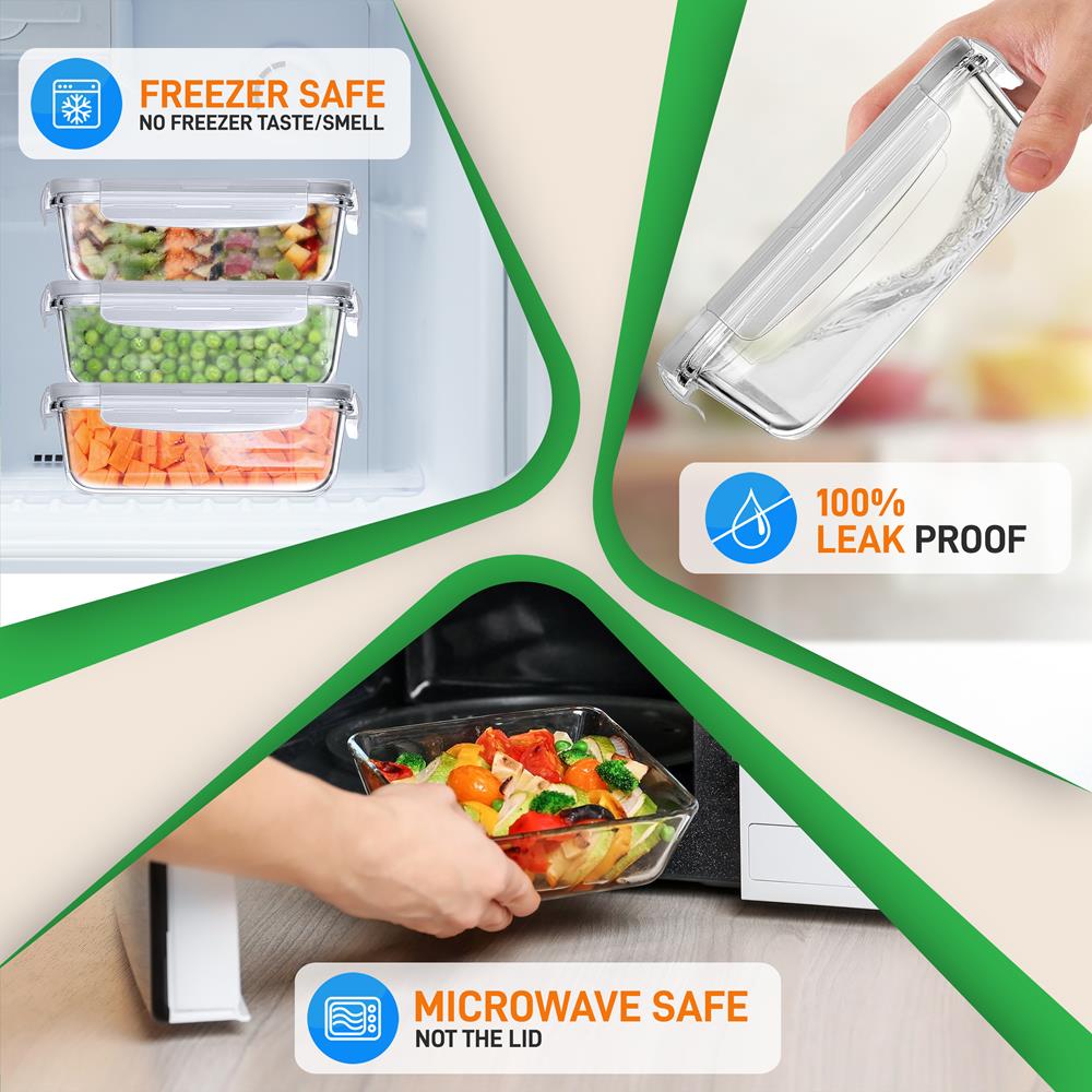 Premium High Borosilicate Glass Food Storage Containers - Airtight, Microwave & Oven Safe - Perfect for Meal Prep, Leftovers & Freezer Storage