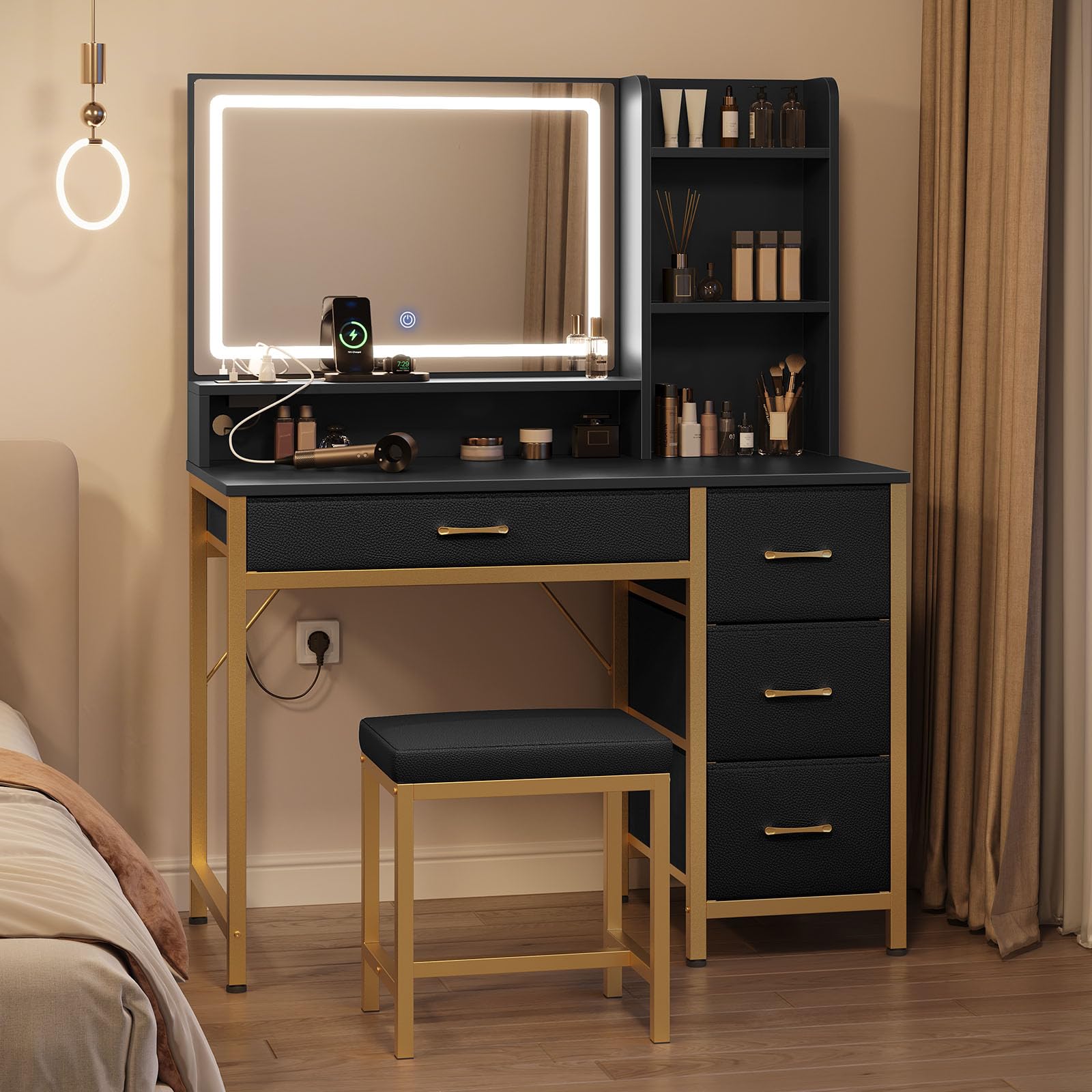 Rolanstar Vanity Desk with Mirror and Lights - Makeup Vanity Set with Upholstered Stool, 4 Drawers & Power Outlets, Black and Gold Dressing Table for Bedroom, Bathroom or Dressing Room