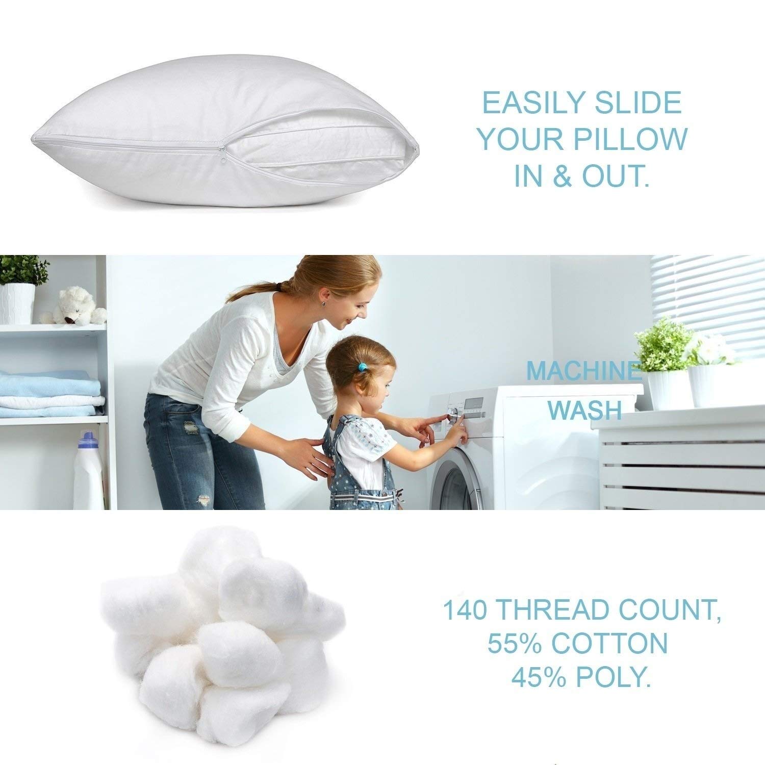 Premium King Size Pillow Protectors with Zipper - Breathable Poly-Cotton Blend, Moisture Wicking & Hypoallergenic - Dust Mite & Allergen Proof (2 Pack) - Ideal for Allergy Sufferers, Hot Sleepers & Bedroom Hygiene