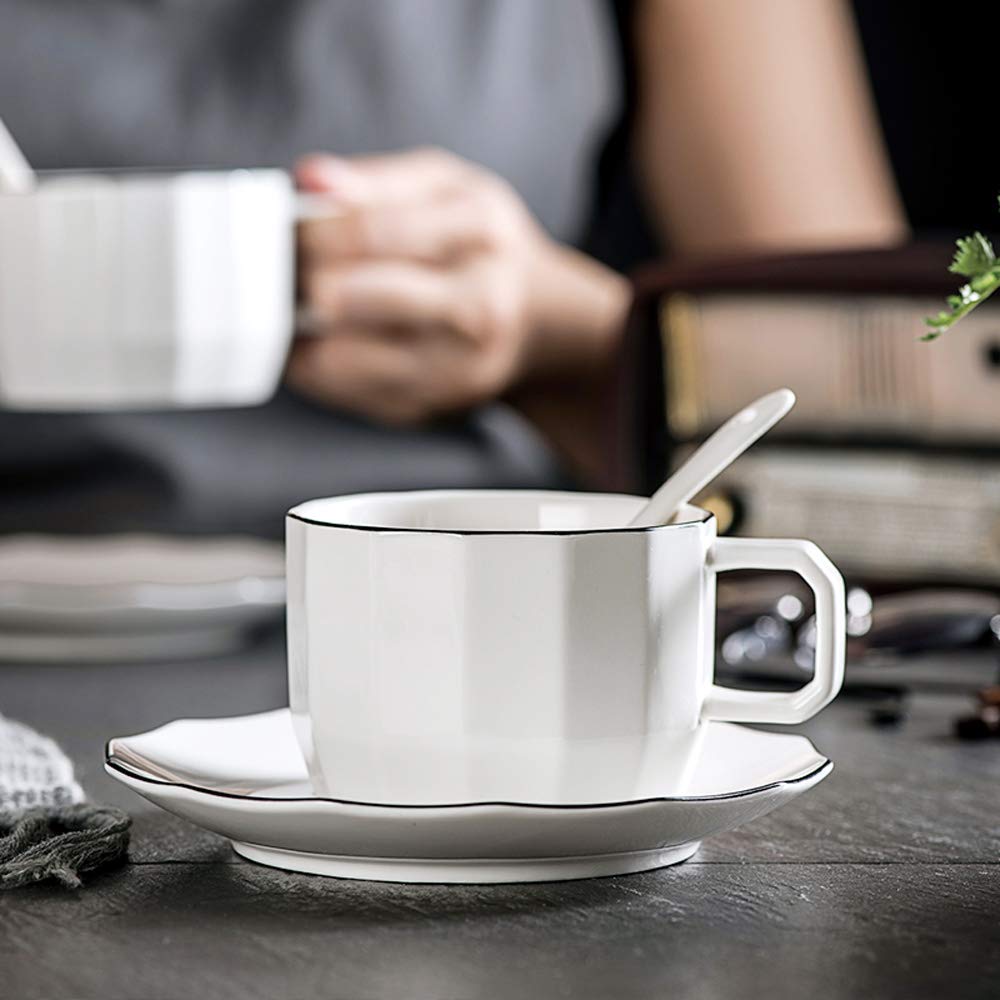 Premium 7 oz Porcelain Cappuccino Cups and Saucers Set of 6 - Elegant White with Black Trim for Specialty Coffee Drinks, Latte, Americano & Tea - Perfect for Home Cafes, Coffee Shops & Gifts