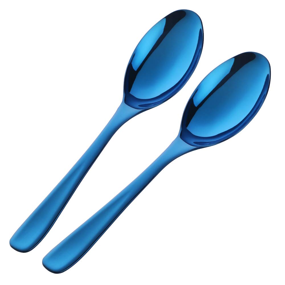Premium Stainless Steel Buffet Serving Spoons Set of 2 - 10 Inch Blue Plated Salad Servers, Dishwasher Safe Large Utensils for Parties, Catering & Home Dining