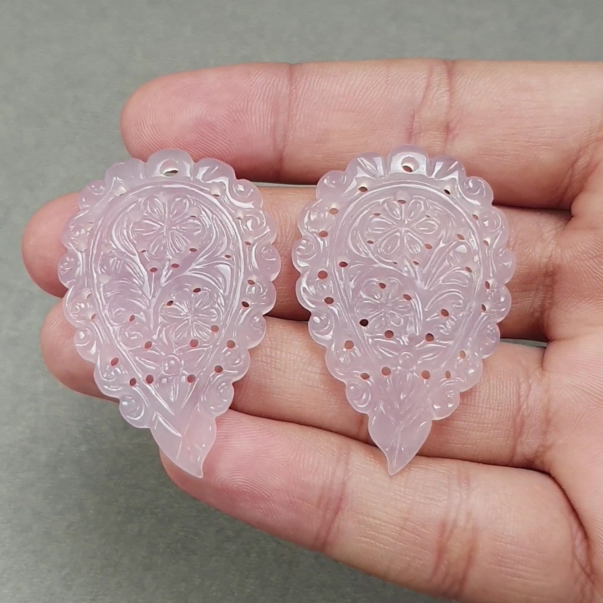 79.35ct Natural Pink Chalcedony Gemstone - Hand Carved Indian Leaf Design (46x30.5mm & 46.5x31mm) 2pc Set - Untreated Healing Stone for Jewelry Making, Meditation & Spiritual Gifts