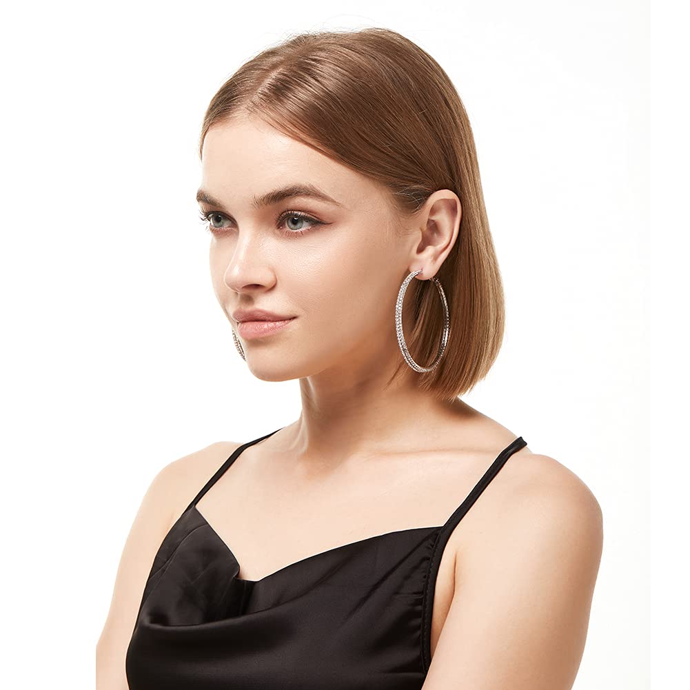 Extra Large Rhinestone Hoop Earrings for Women - 2.67 Inch (70mm) Double Oversized Crystal Lightweight Dangle Earrings | Perfect for Parties, Weddings & Evening Events