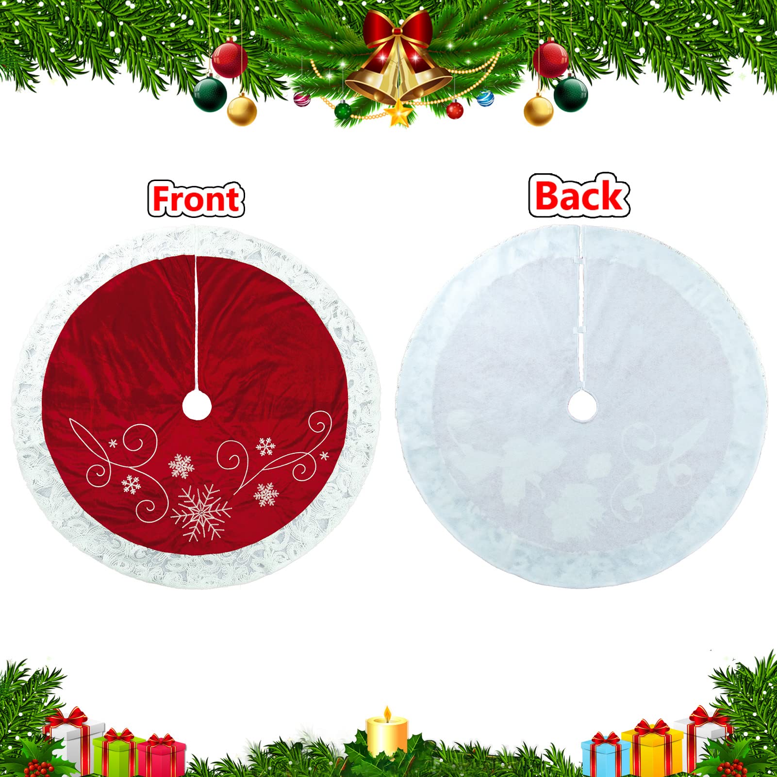 48 Inch Red Velvet Christmas Tree Skirt - Embroidered Snowflake Design with Elegant White Lace Trim | Perfect for Holiday Decor, Xmas Parties & Festive Home Styling
