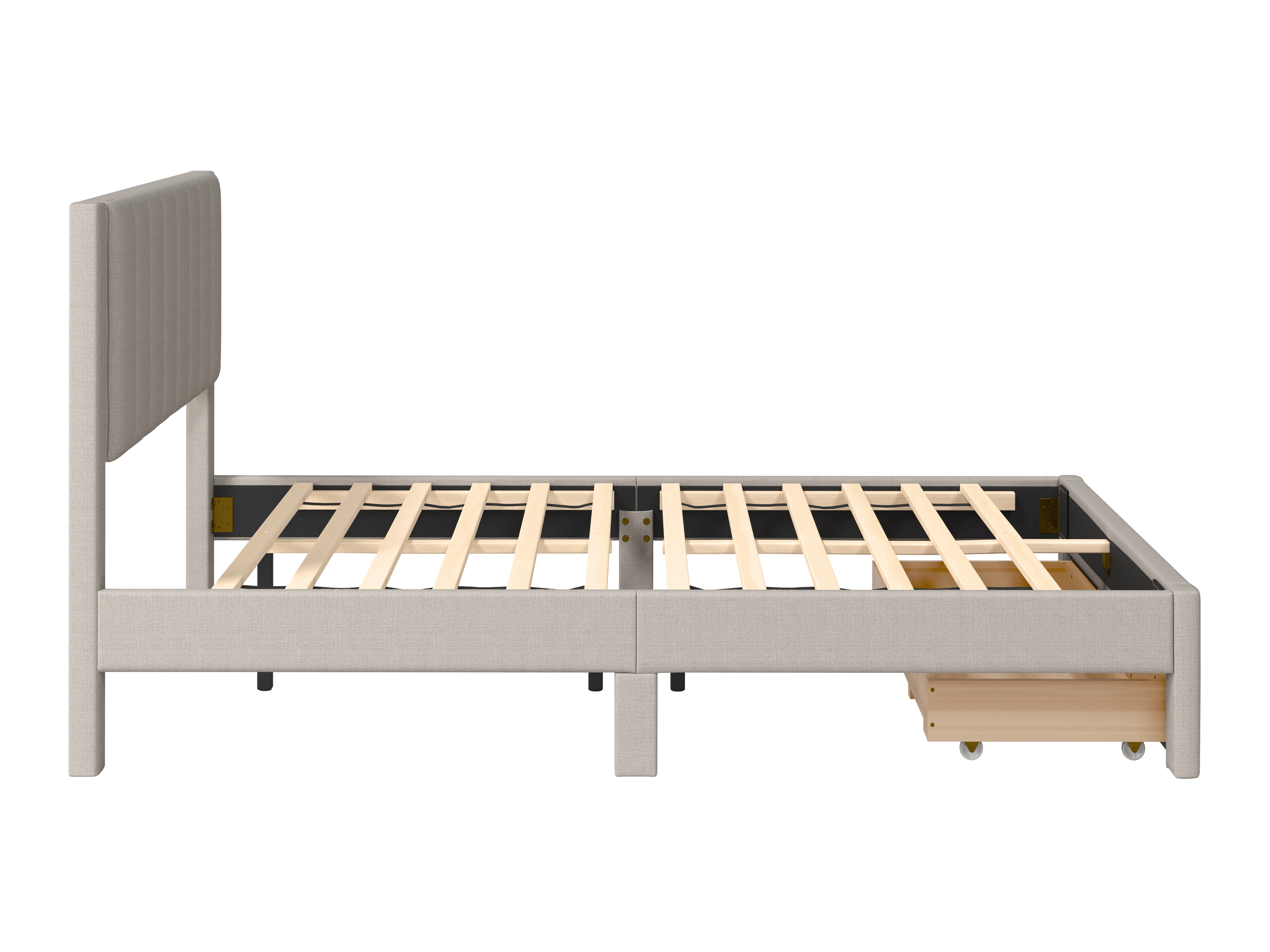 Channel Tufted Beige King Size Bed Frame with Storage | Upholstered Platform Bed with Headboard | Perfect for Master Bedroom, Guest Room & Small Spaces