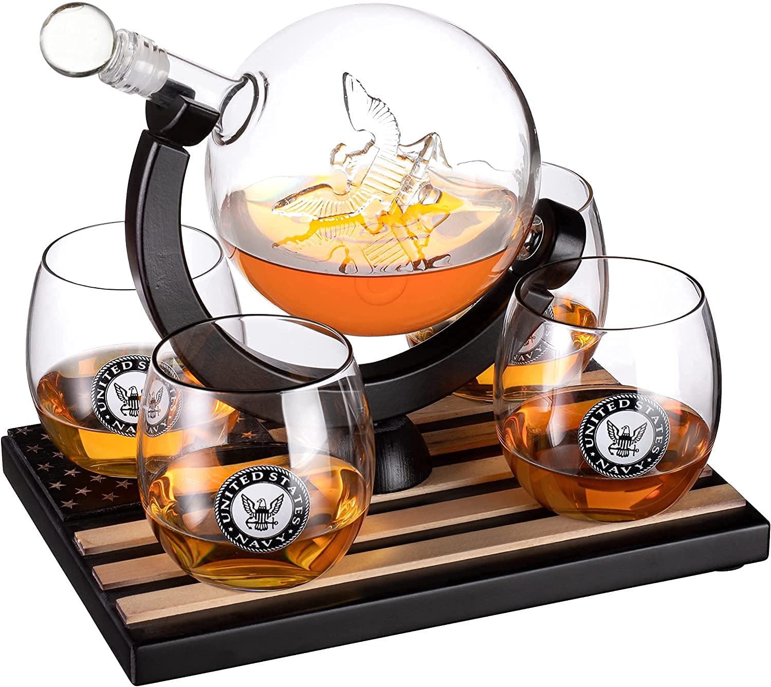 Premium U.S. Navy Globe Whiskey Decanter Set with 4 Crystal Glasses & 9 Whiskey Stones - Veteran Gift Box with Wooden Base - Patriotic Military Bourbon Scotch Gifts for Men, Dad - Perfect for Home Bars, Man Caves & Navy Themed Parties