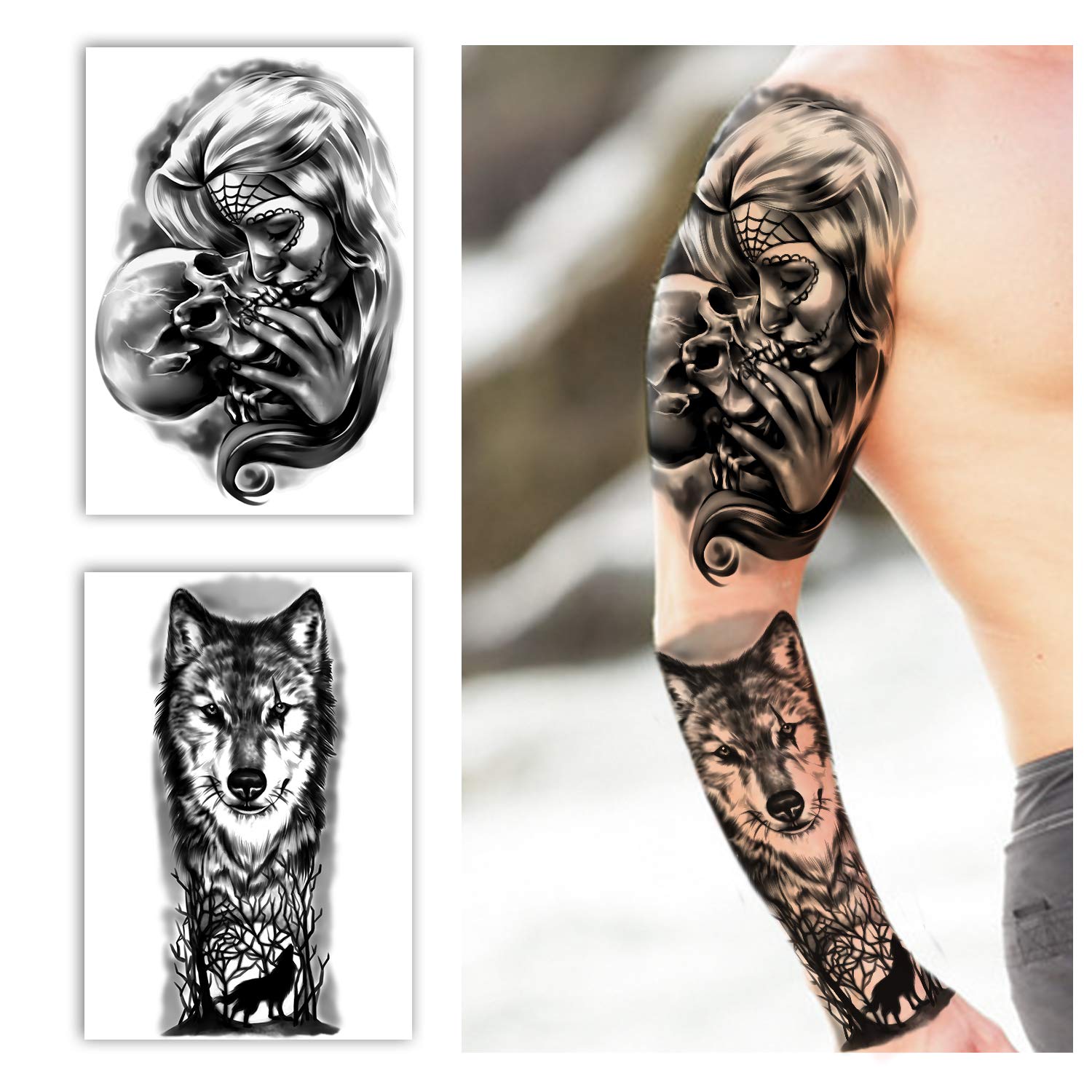 Premium Full & Half Arm Temporary Tattoos - 16 Sheets (8 Full Arm + 8 Shoulder) Waterproof Fake Tattoo Stickers for Men & Women - Extra Large 22.83