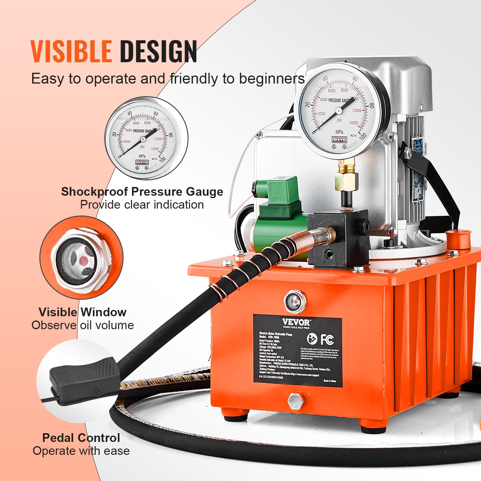 VEVOR 10000 PSI 750W 110V Electric Hydraulic Pump Power Pack Unit - 8L Capacity, Single Acting Solenoid Valve with Foot Pedal Switch - Ideal for Punching, Bending, Jack Machines & Heavy Duty Industrial Applications