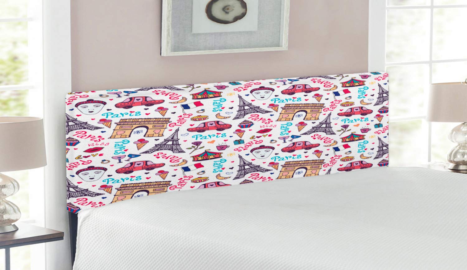 Ambesonne Paris Upholstered Headboard with Memory Foam - Queen Size Multicolor Decorative Metal Bed Frame Featuring Triumphal Arch & Romantic City of Love Kiss Rose Design | Perfect for Master Bedroom, Guest Room & Paris-Themed Home Decor