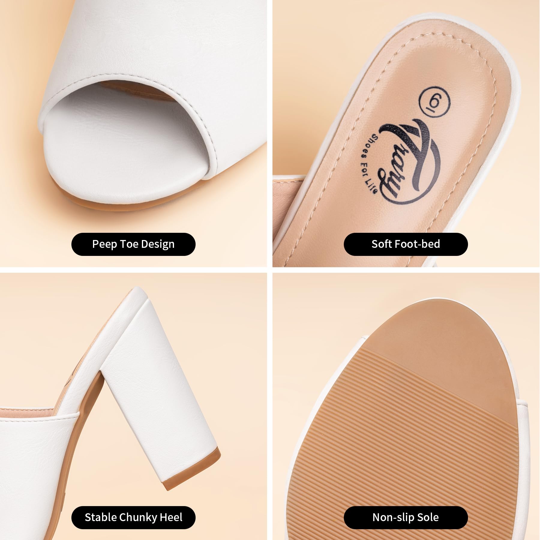 Women's Chunky Block Heel Sandals - Open Toe Slip On Mules in Black, White, Pink & Brown | Comfortable Dressy & Casual Heels for Weddings, Parties & Office Wear