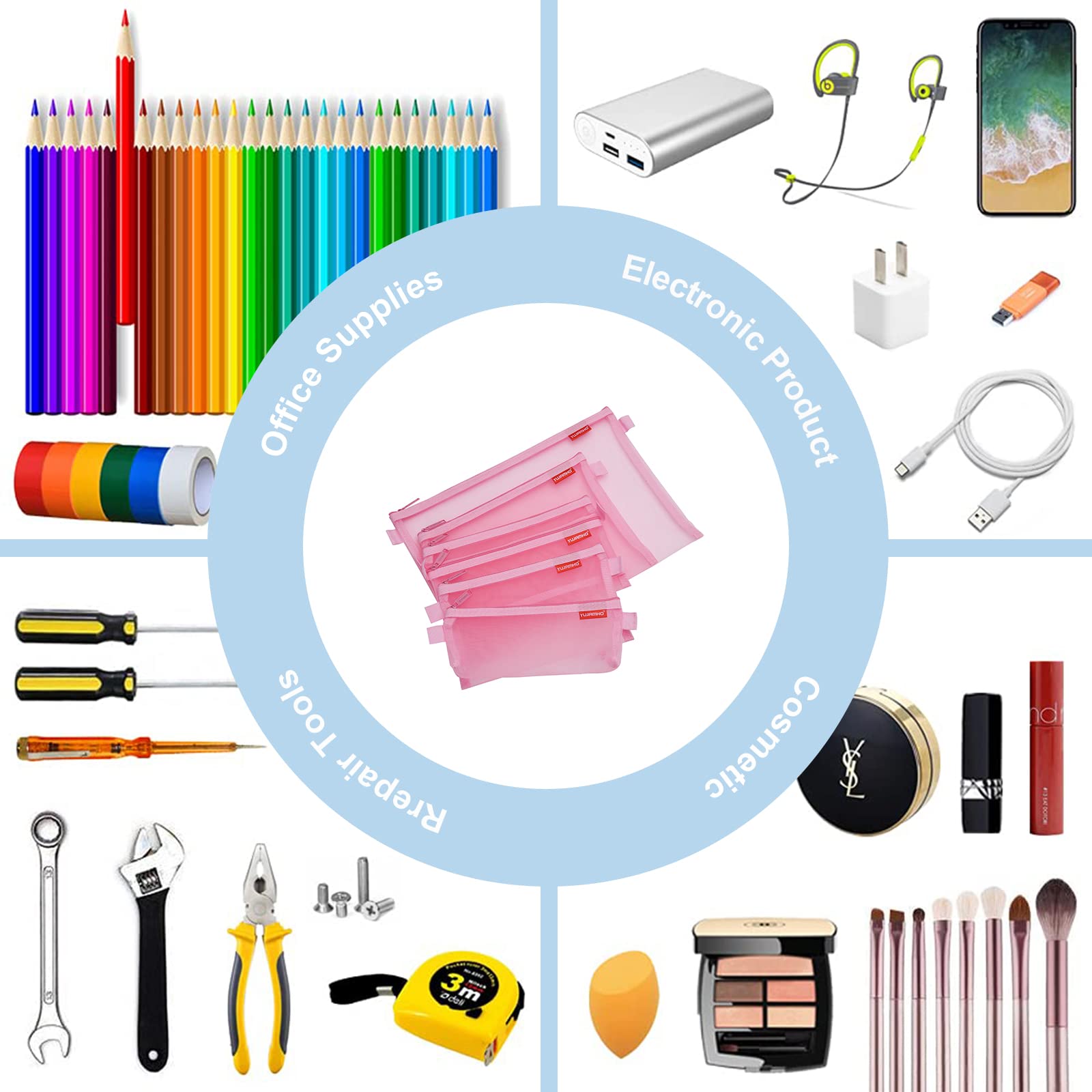 Mesh Zipper Pouch 5pcs - Lightweight Nylon Document Organizer for Travel & Office (Pink, A4/A5/A6) - Perfect for Cosmetics & Supplies Storage