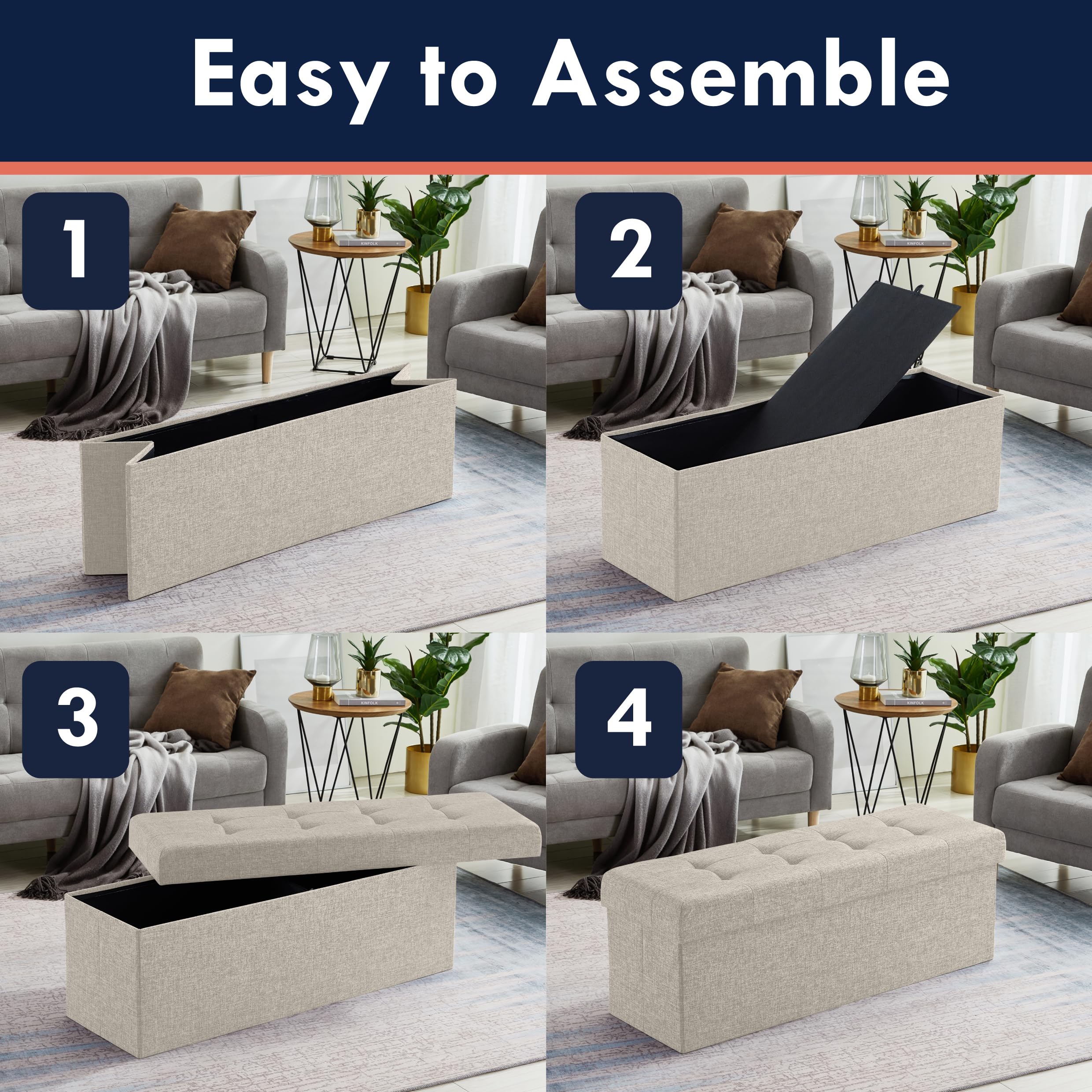 Ornavo Home 45 Inch Folding Storage Ottoman Bench with Removable Top - Large Foot Rest Stool, Multi-Functional Chest for Living Room, Bedroom & Entryway (Beige) | Perfect for Extra Seating, Blanket Storage & Home Organization