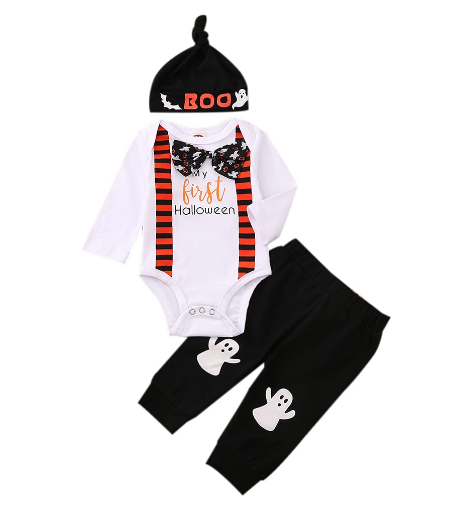 Baby Boy Halloween Outfit - 3Pcs Ghost Print Romper Set with Hat for First Halloween